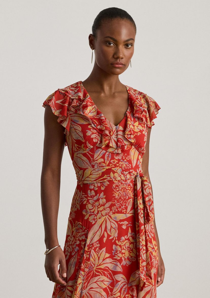 Womens Floral Belted Crinkle Georgette Gown