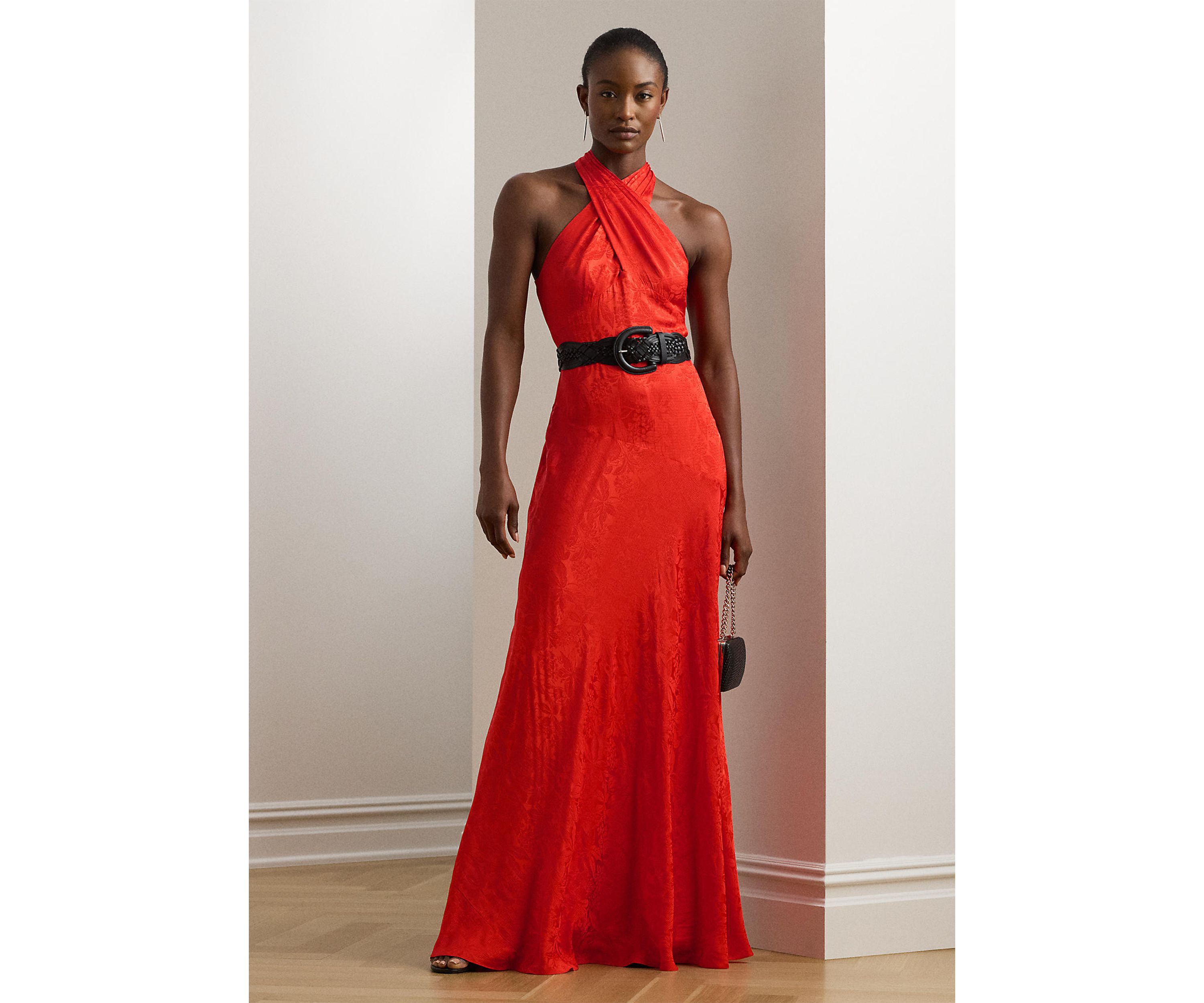 Belted Floral Jacquard Halter Gown