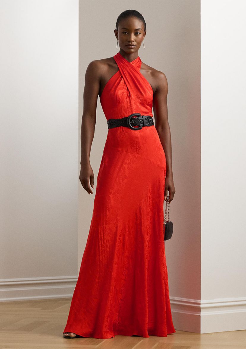 Belted Floral Jacquard Halter Gown