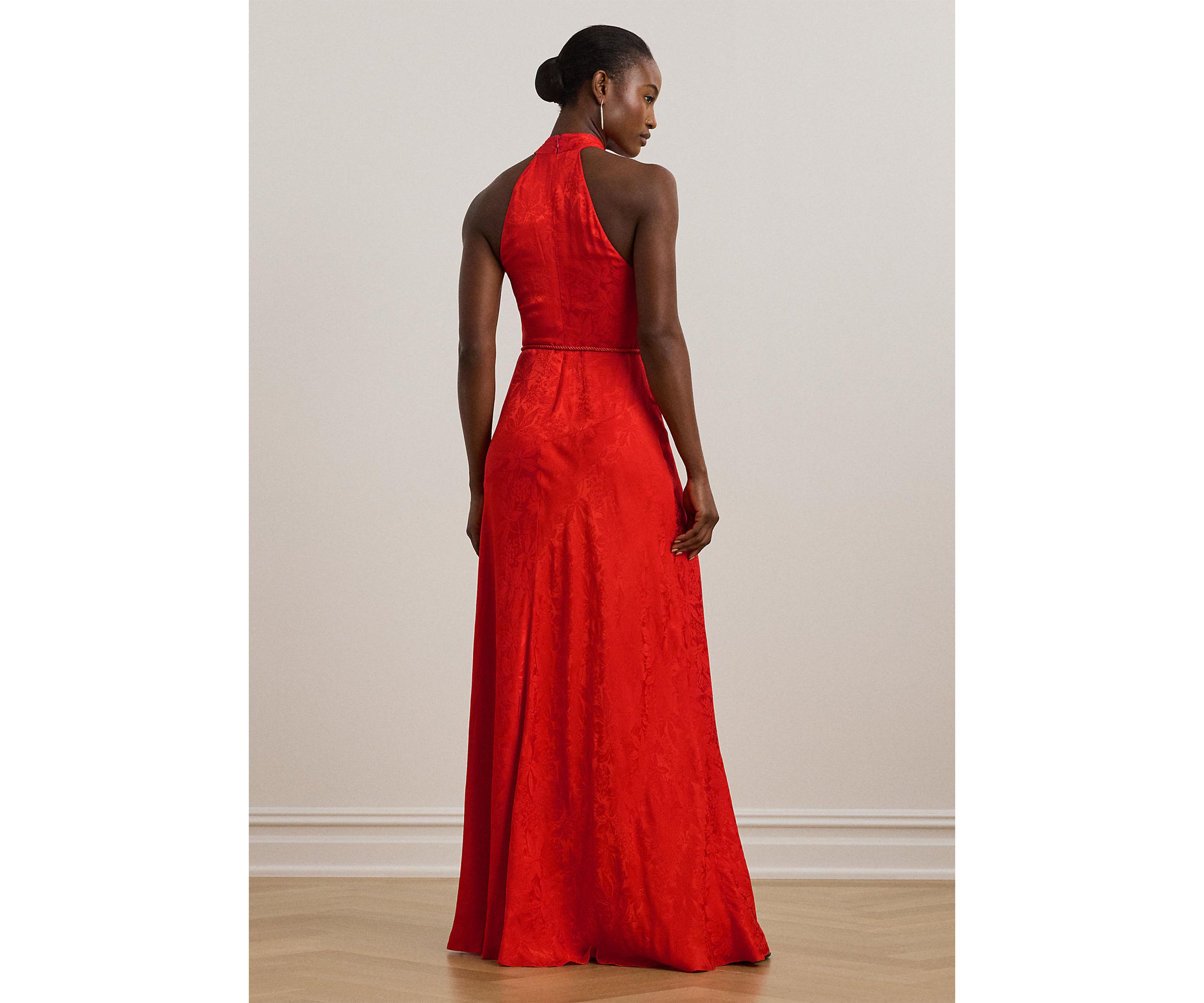 Belted Floral Jacquard Halter Gown