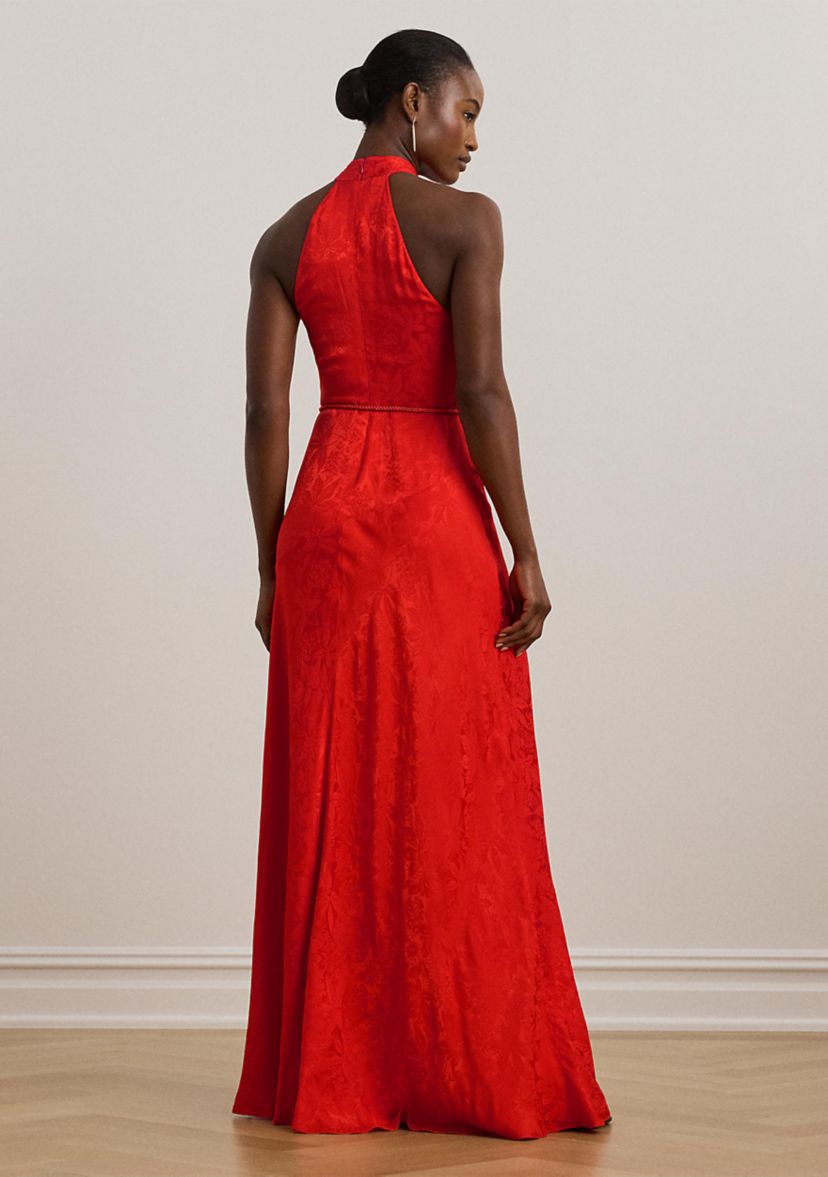 Belted Floral Jacquard Halter Gown