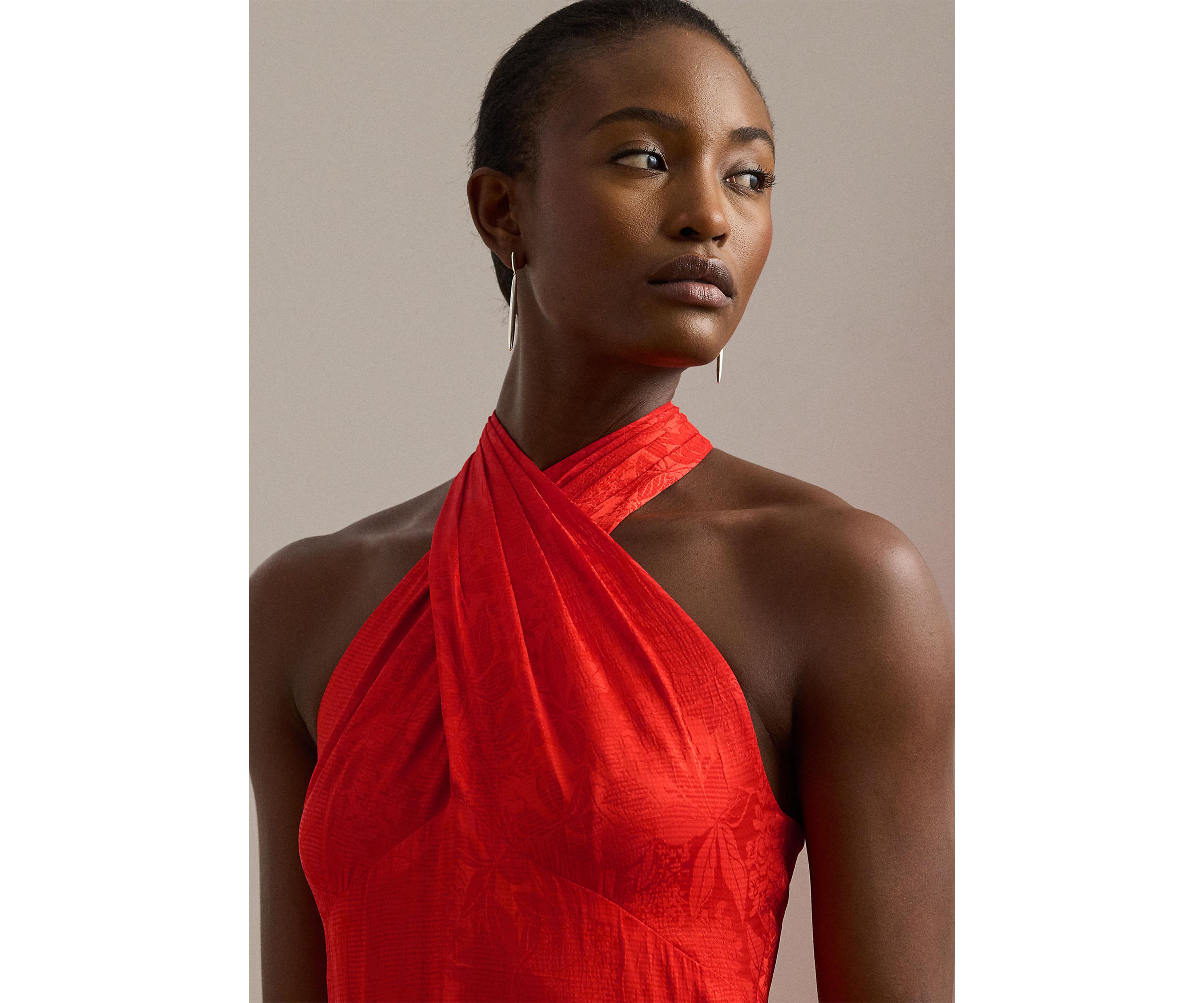Belted Floral Jacquard Halter Gown