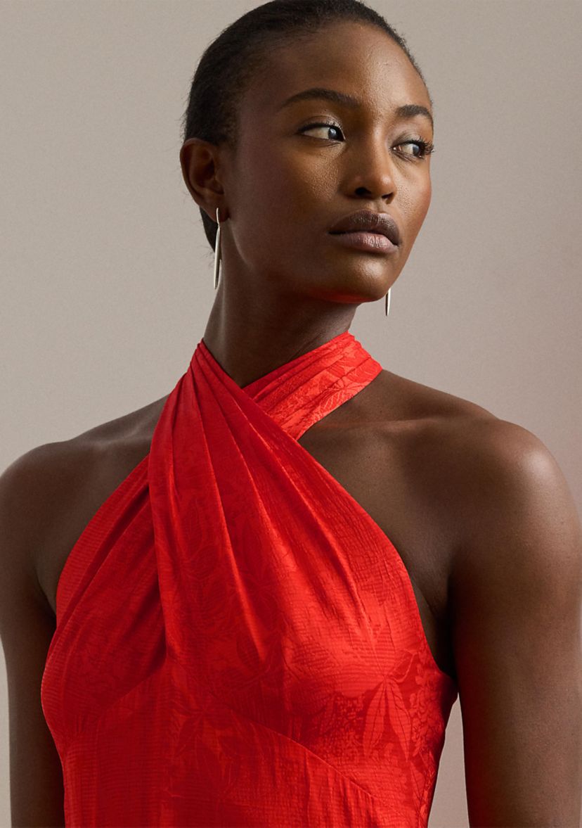 Belted Floral Jacquard Halter Gown