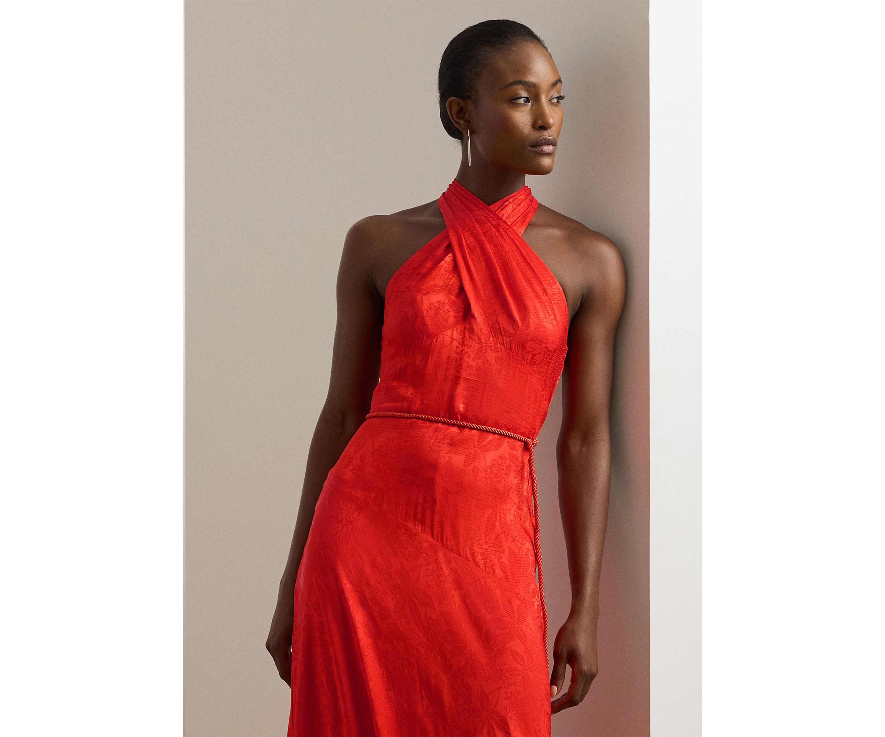Belted Floral Jacquard Halter Gown