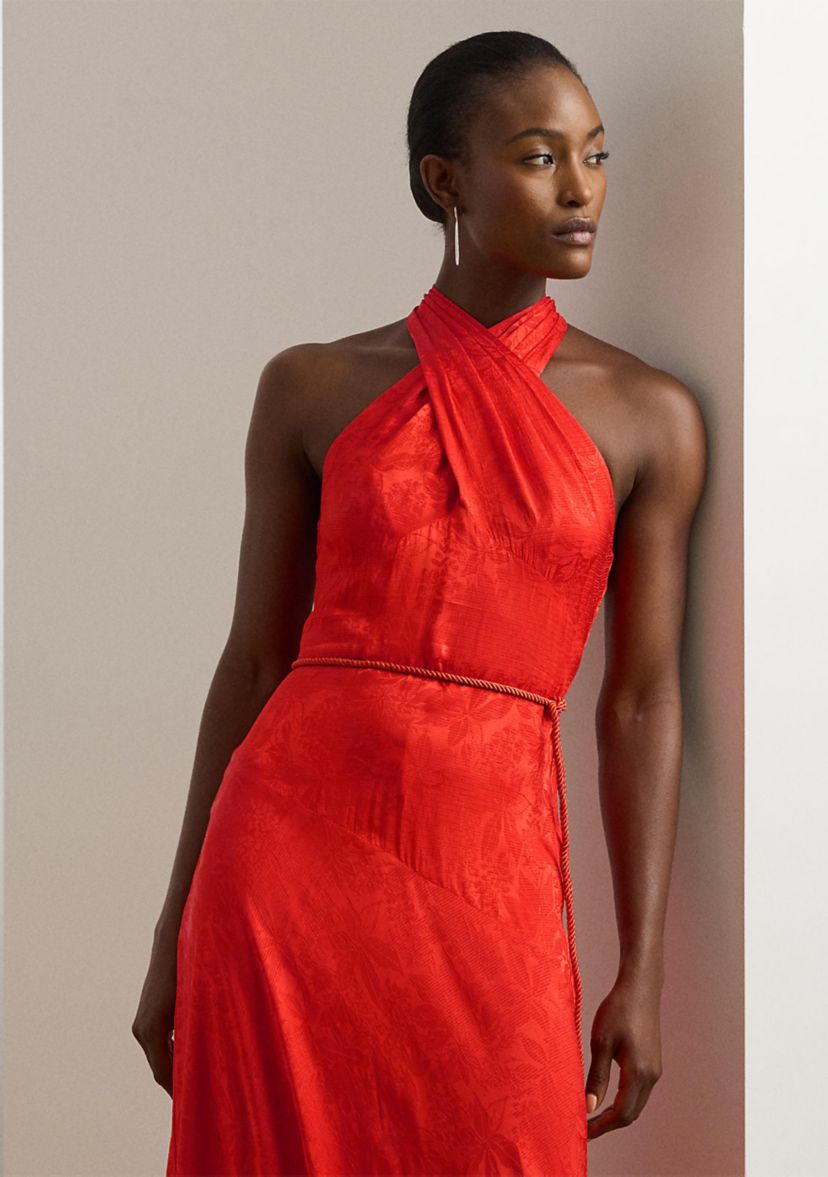 Belted Floral Jacquard Halter Gown