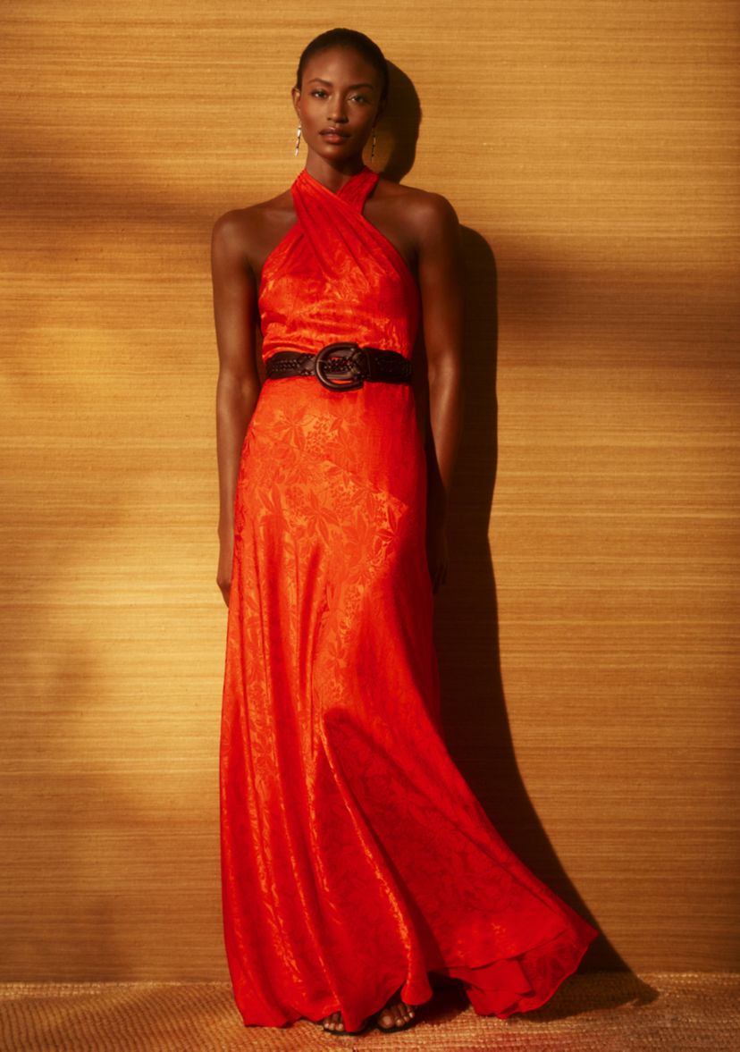 Belted Floral Jacquard Halter Gown