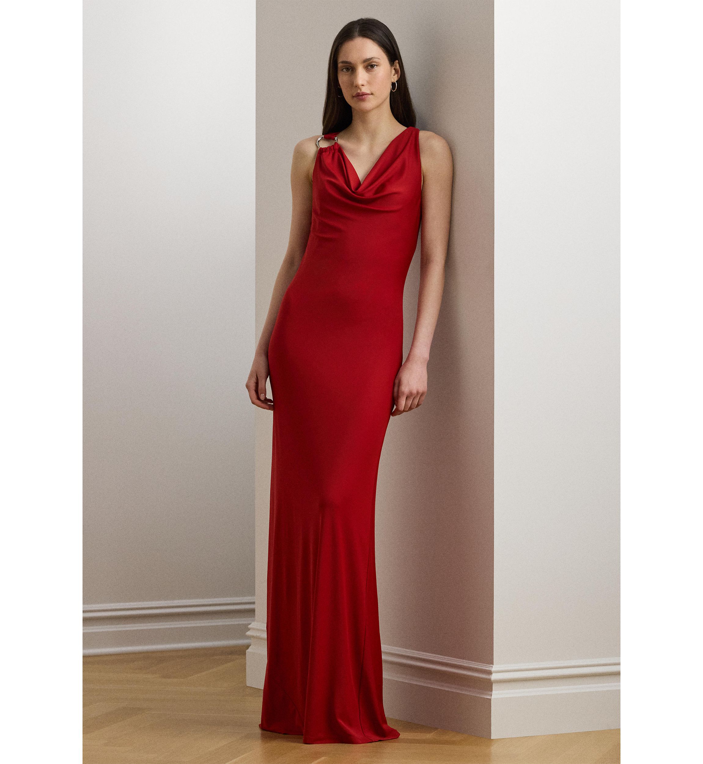 Ring Trim Jersey Cowl Neck Gown