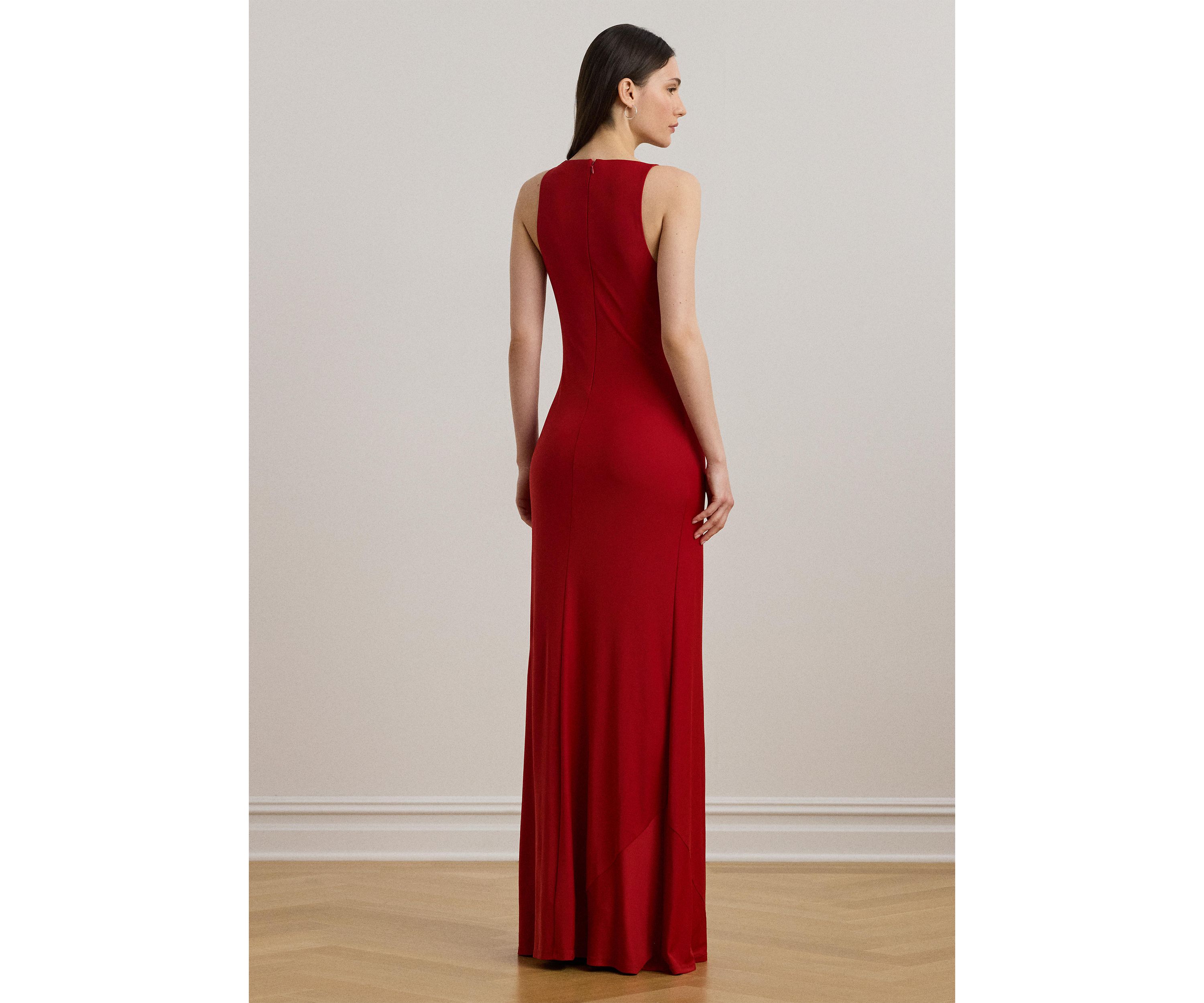 Ring Trim Jersey Cowl Neck Gown