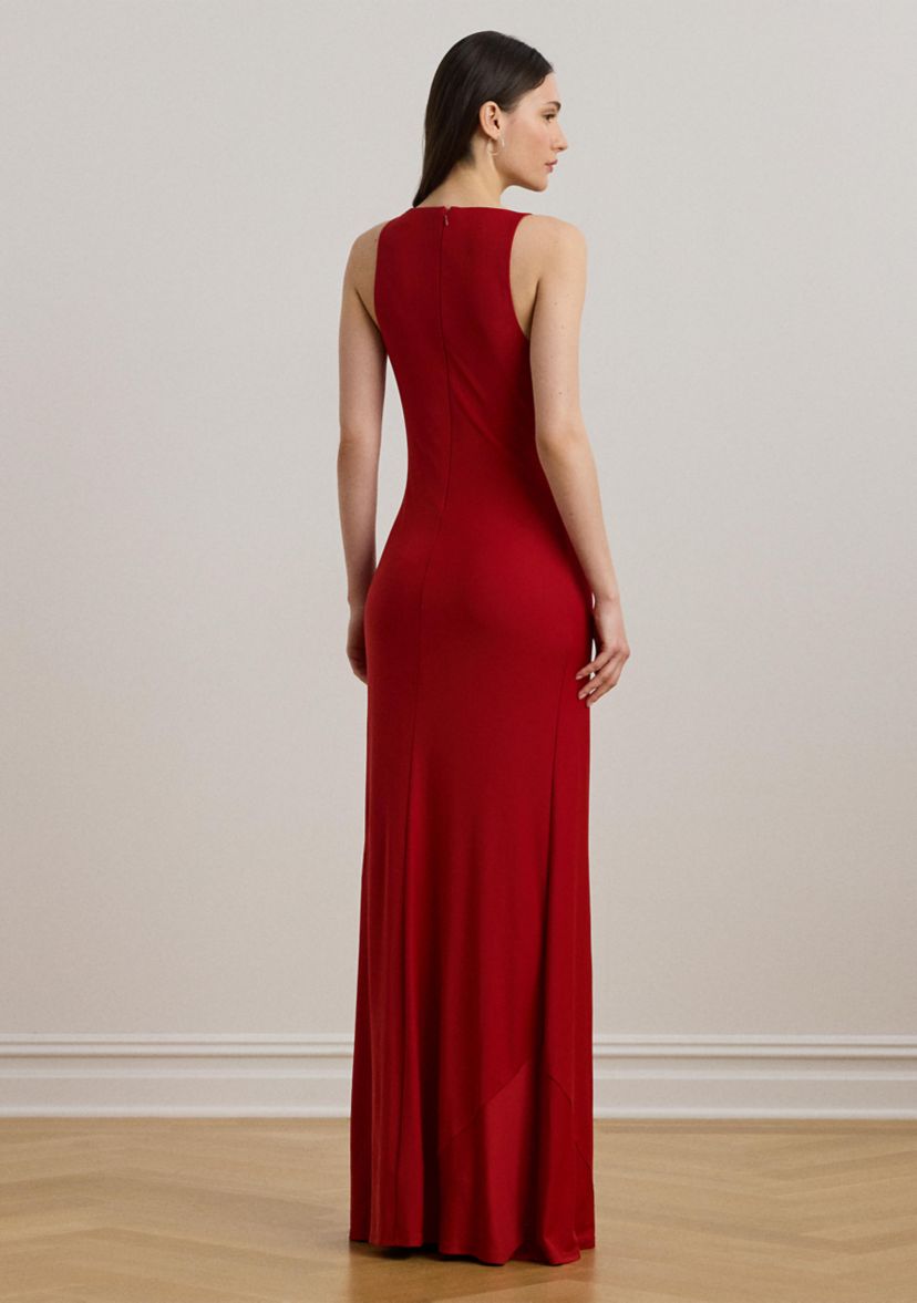 Ring Trim Jersey Cowl Neck Gown