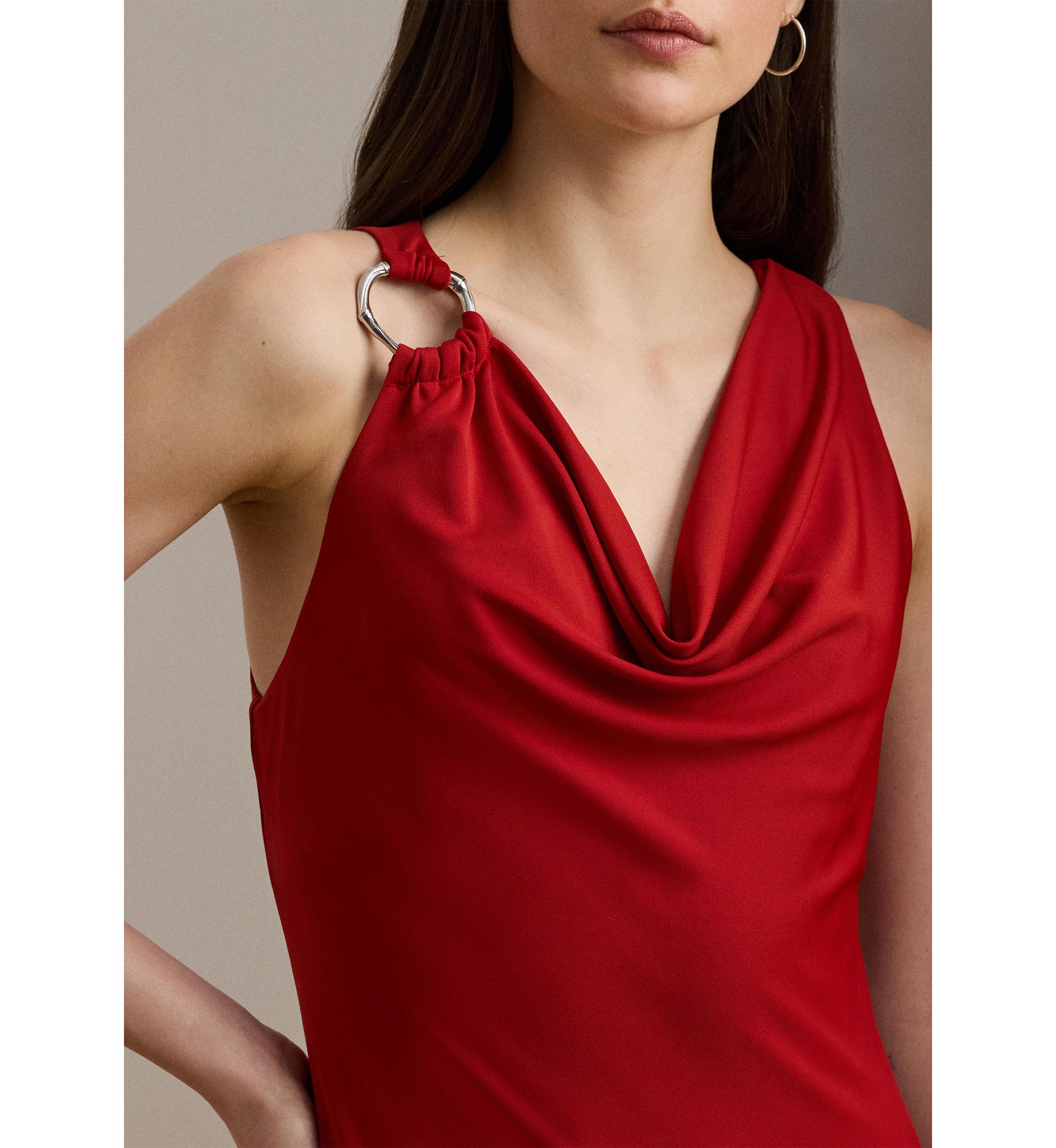 Ring Trim Jersey Cowl Neck Gown
