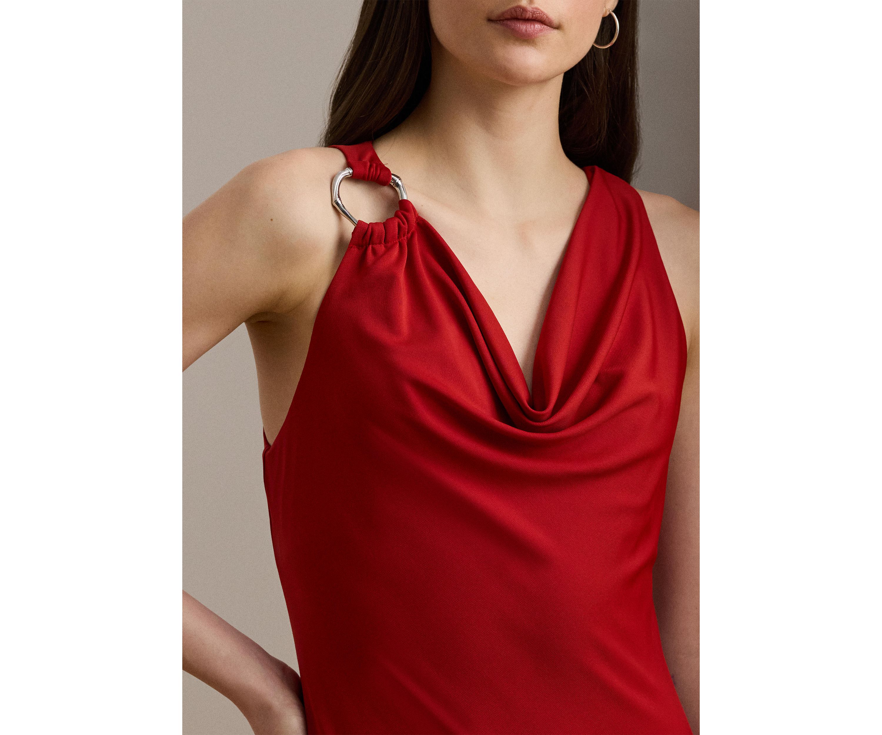 Ring Trim Jersey Cowl Neck Gown