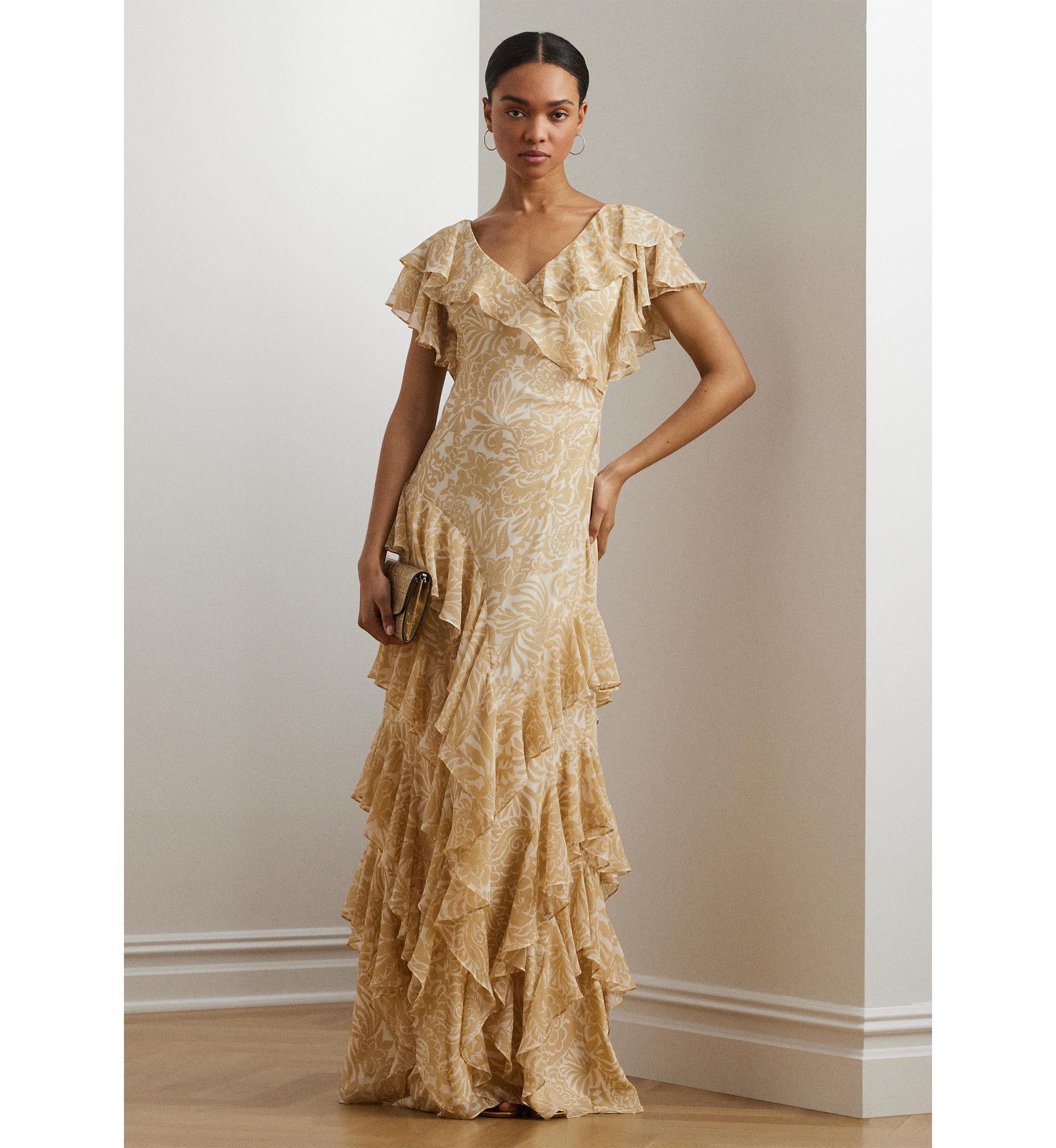 Floral Ruffle Trim Georgette Gown