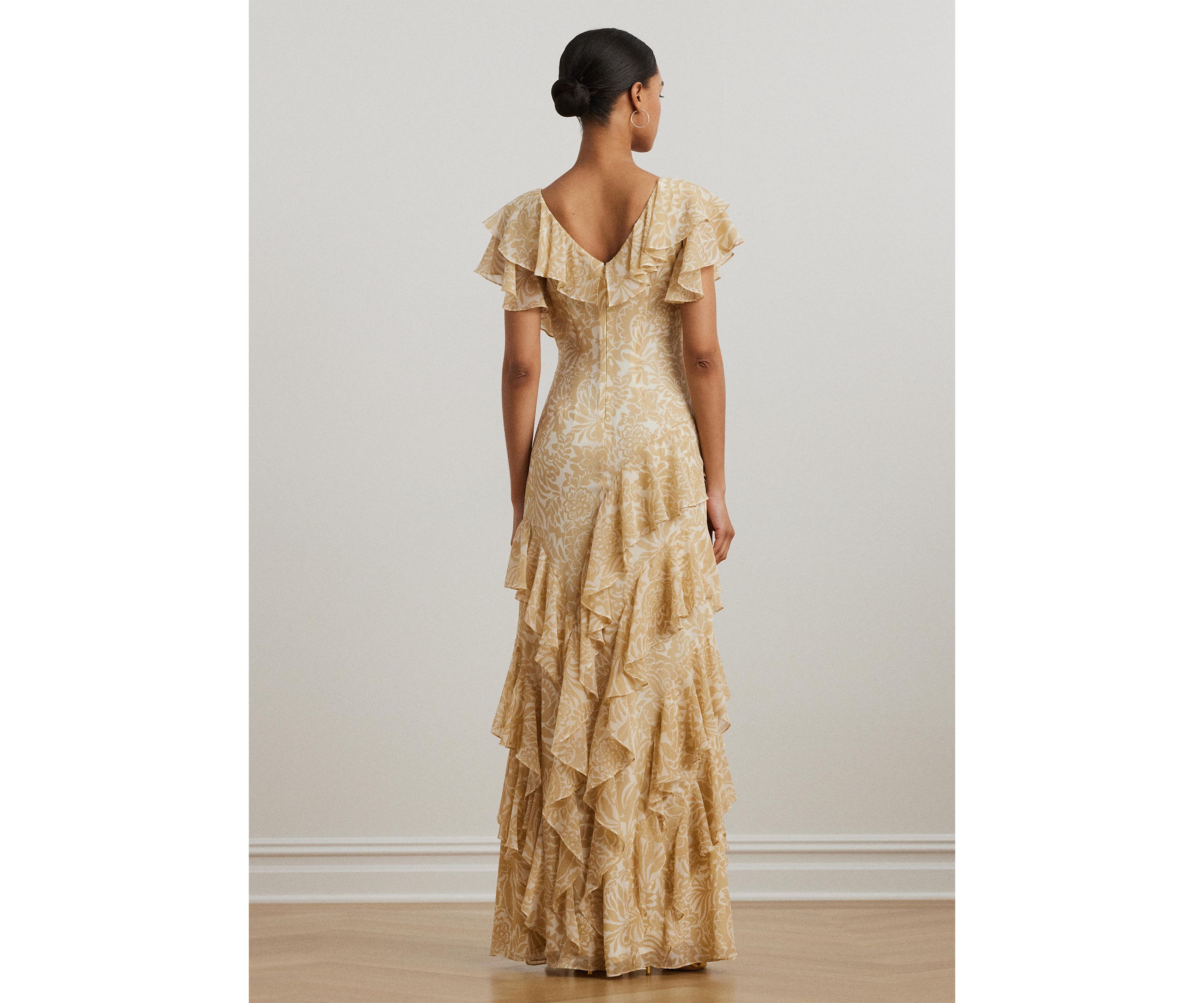 Floral Ruffle Trim Georgette Gown