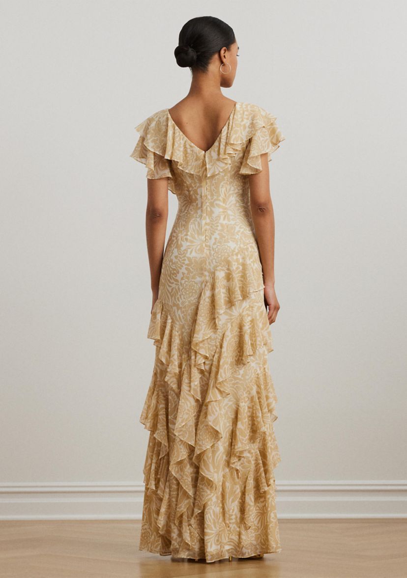 Floral Ruffle Trim Georgette Gown