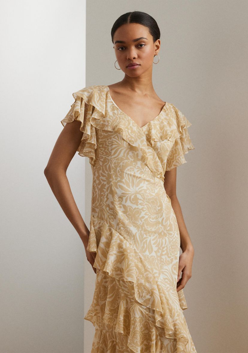 Floral Ruffle Trim Georgette Gown