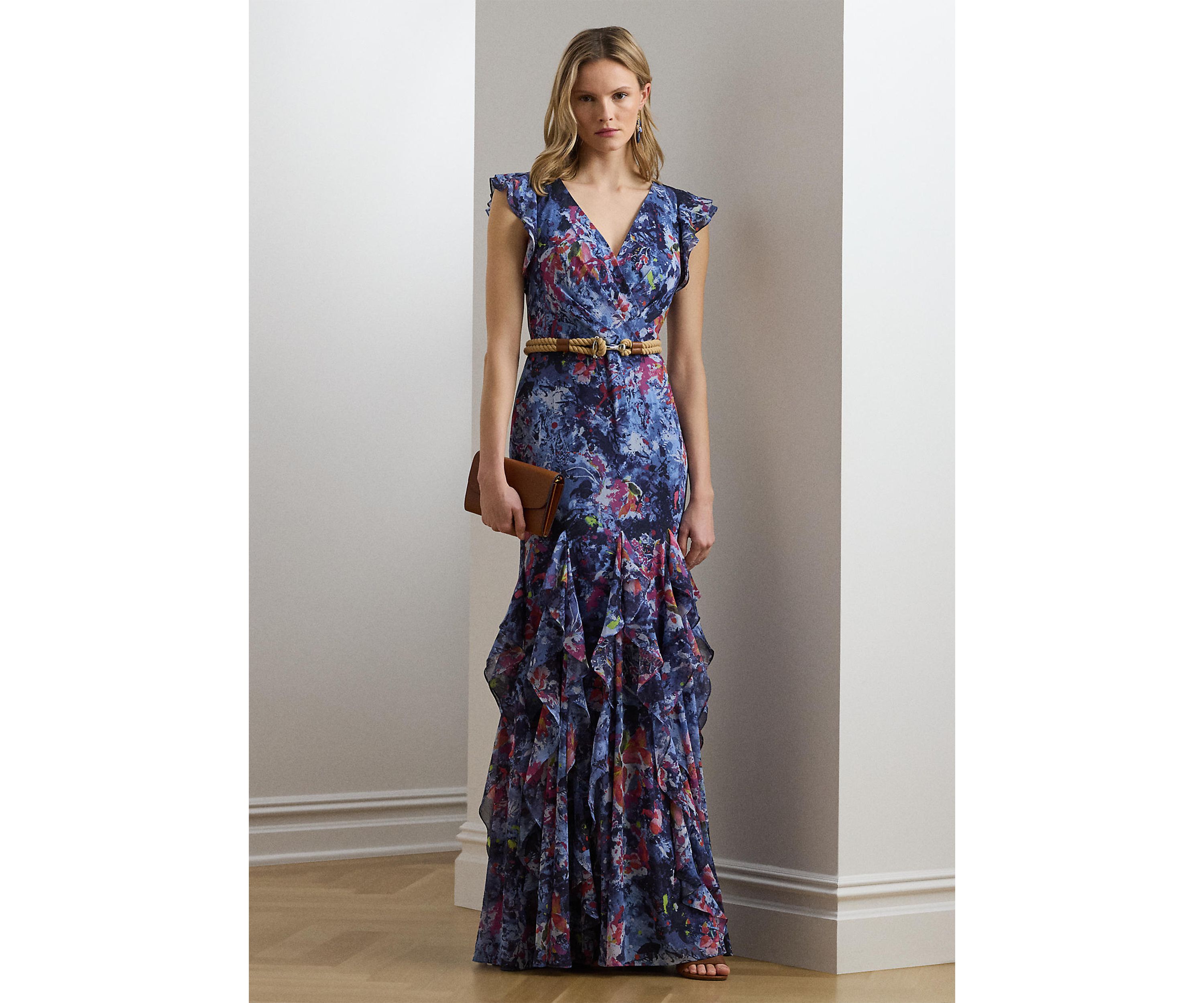 Womens Print Ruffle Trim Crinkle Georgette Gown