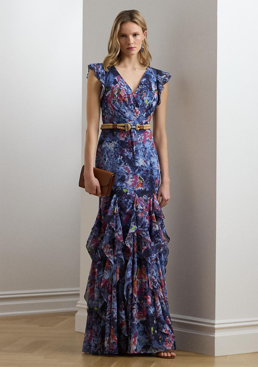 Womens Print Ruffle Trim Crinkle Georgette Gown