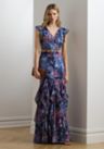 Womens Print Ruffle Trim Crinkle Georgette Gown