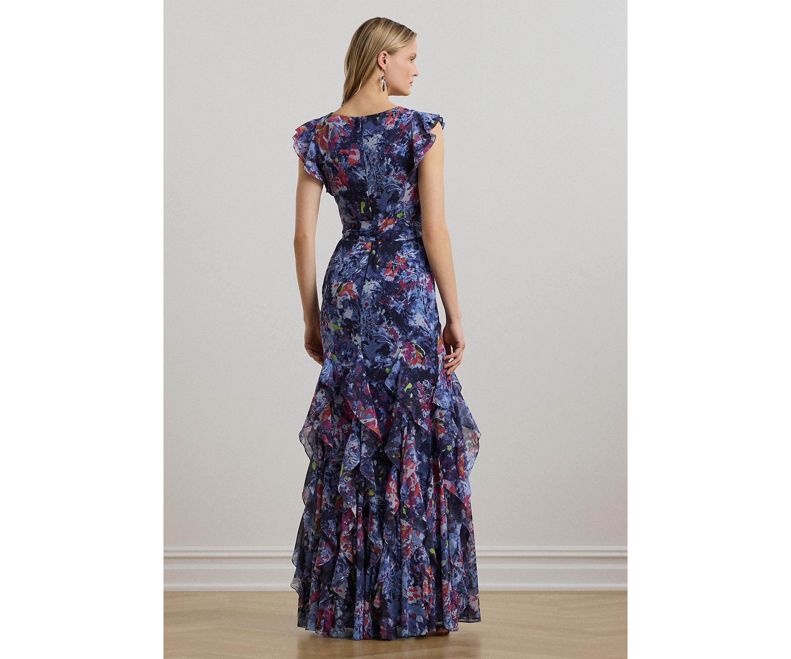Womens Print Ruffle Trim Crinkle Georgette Gown
