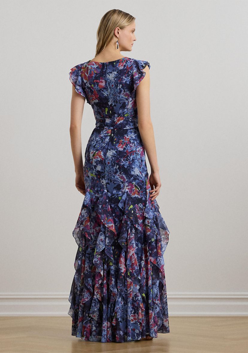 Womens Print Ruffle Trim Crinkle Georgette Gown