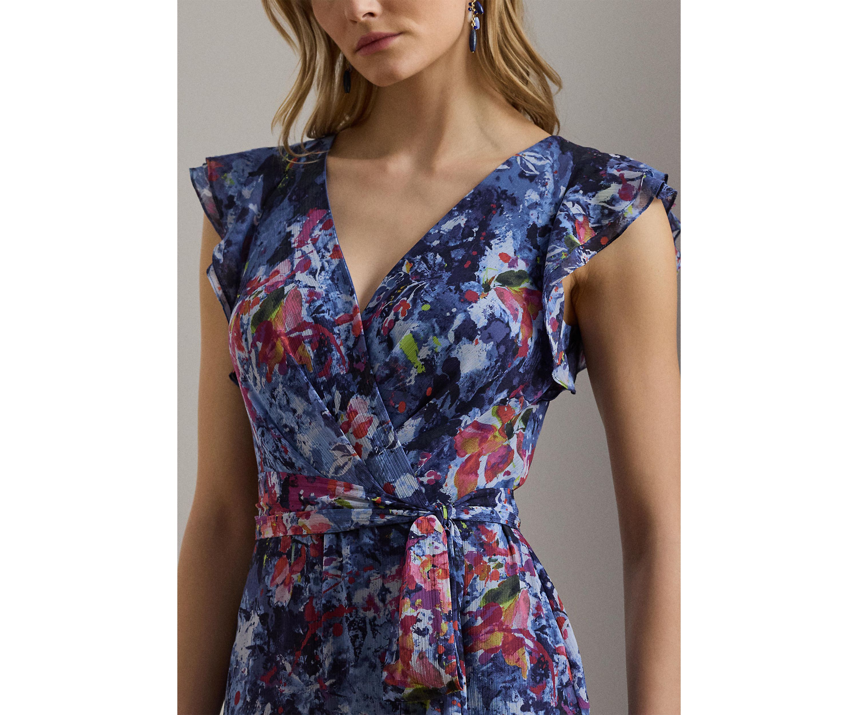 Womens Print Ruffle Trim Crinkle Georgette Gown
