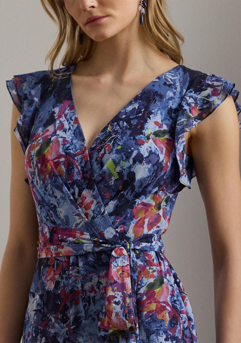 Womens Print Ruffle Trim Crinkle Georgette Gown