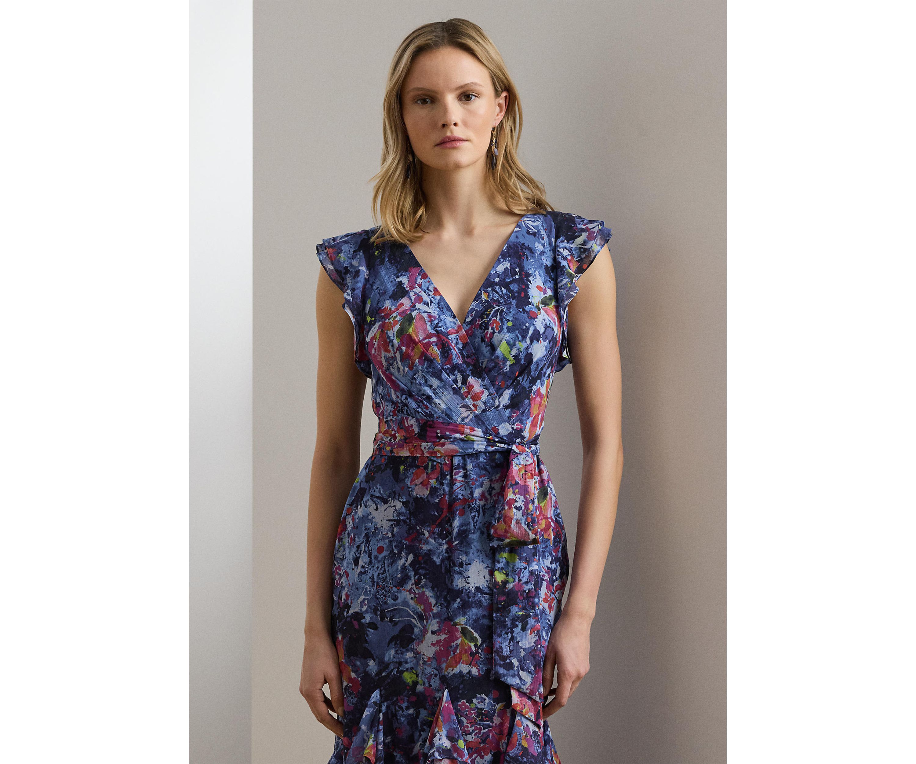 Womens Print Ruffle Trim Crinkle Georgette Gown