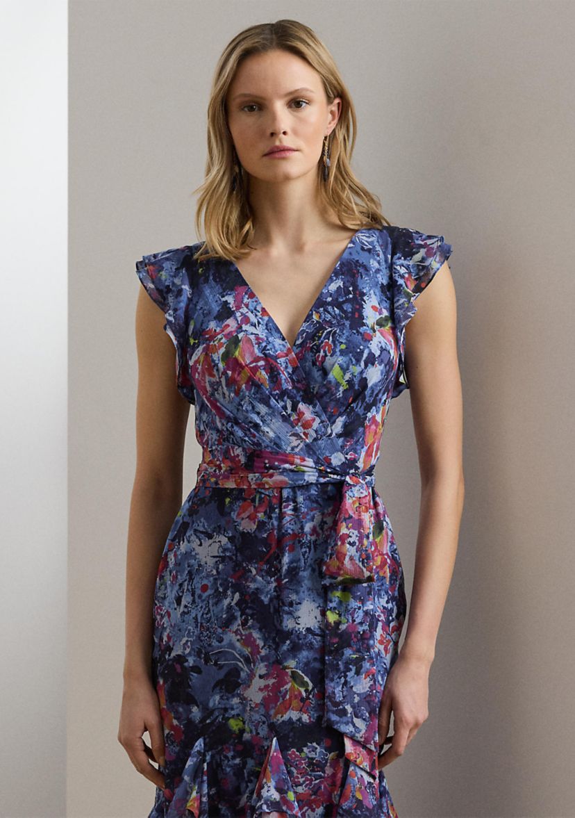 Womens Print Ruffle Trim Crinkle Georgette Gown