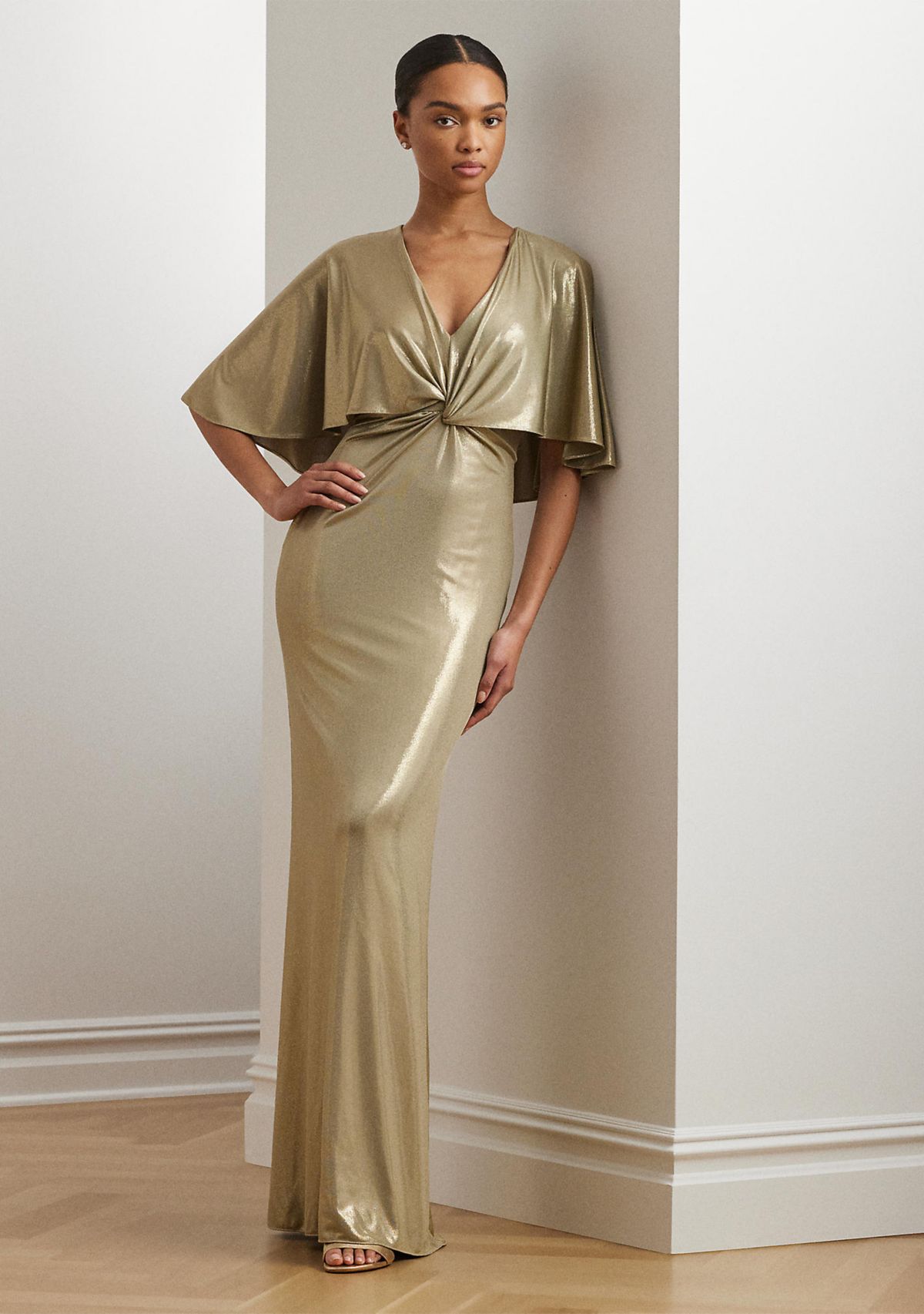 Metallic Jersey Twist Front Cape Gown