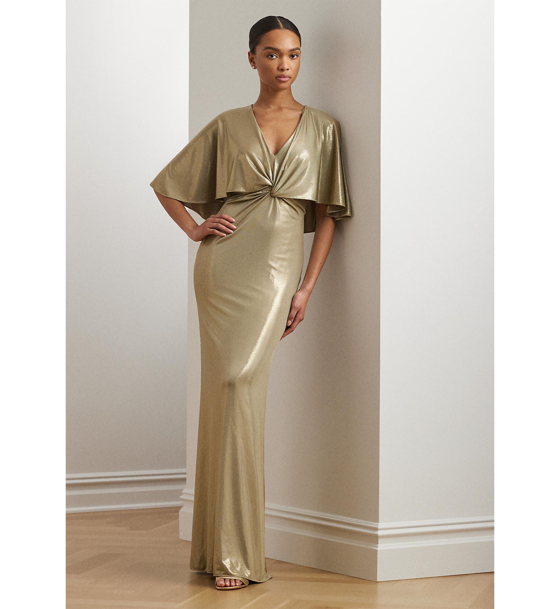 Metallic Jersey Twist Front Cape Gown