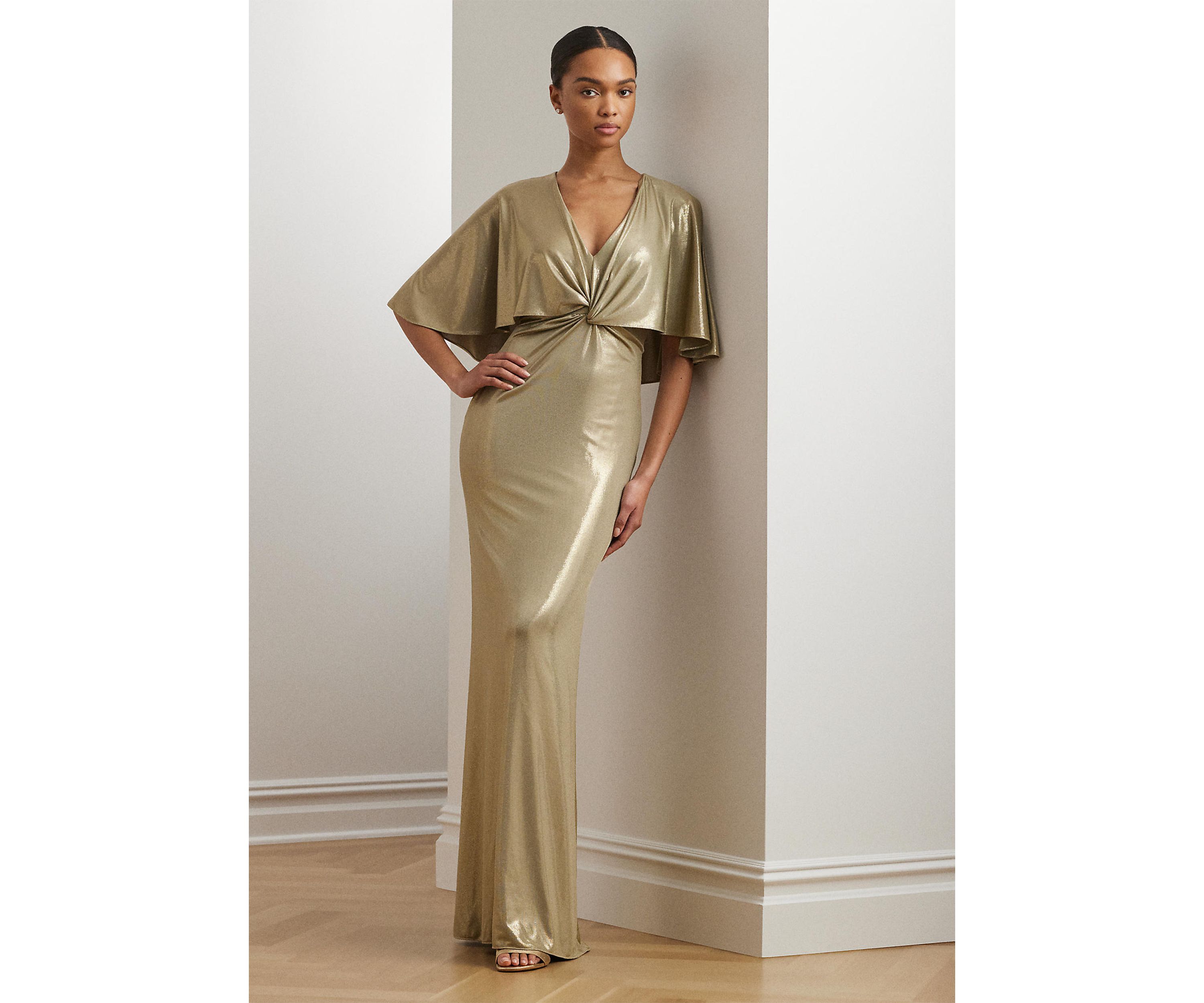 Metallic Jersey Twist Front Cape Gown