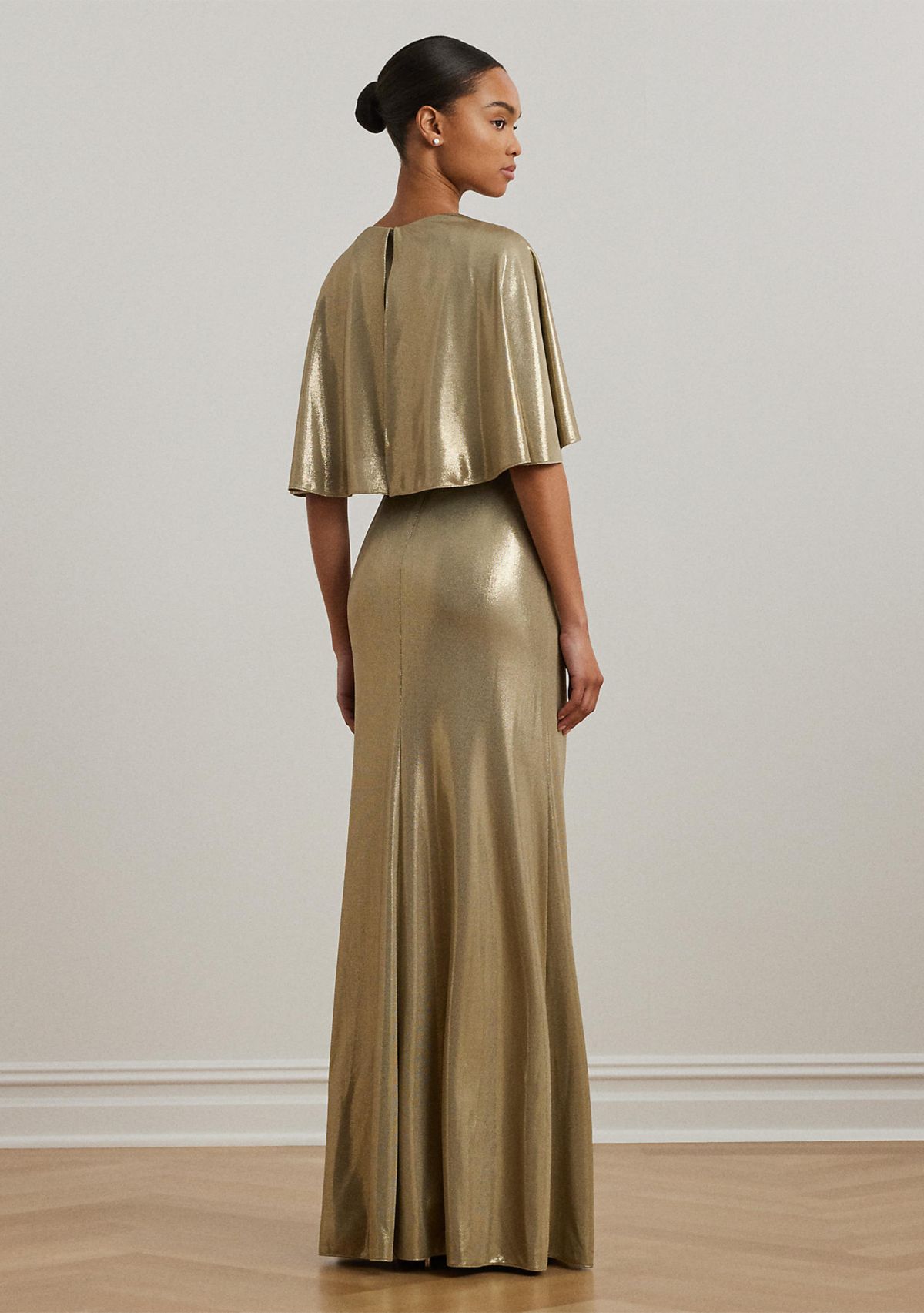 Metallic Jersey Twist Front Cape Gown