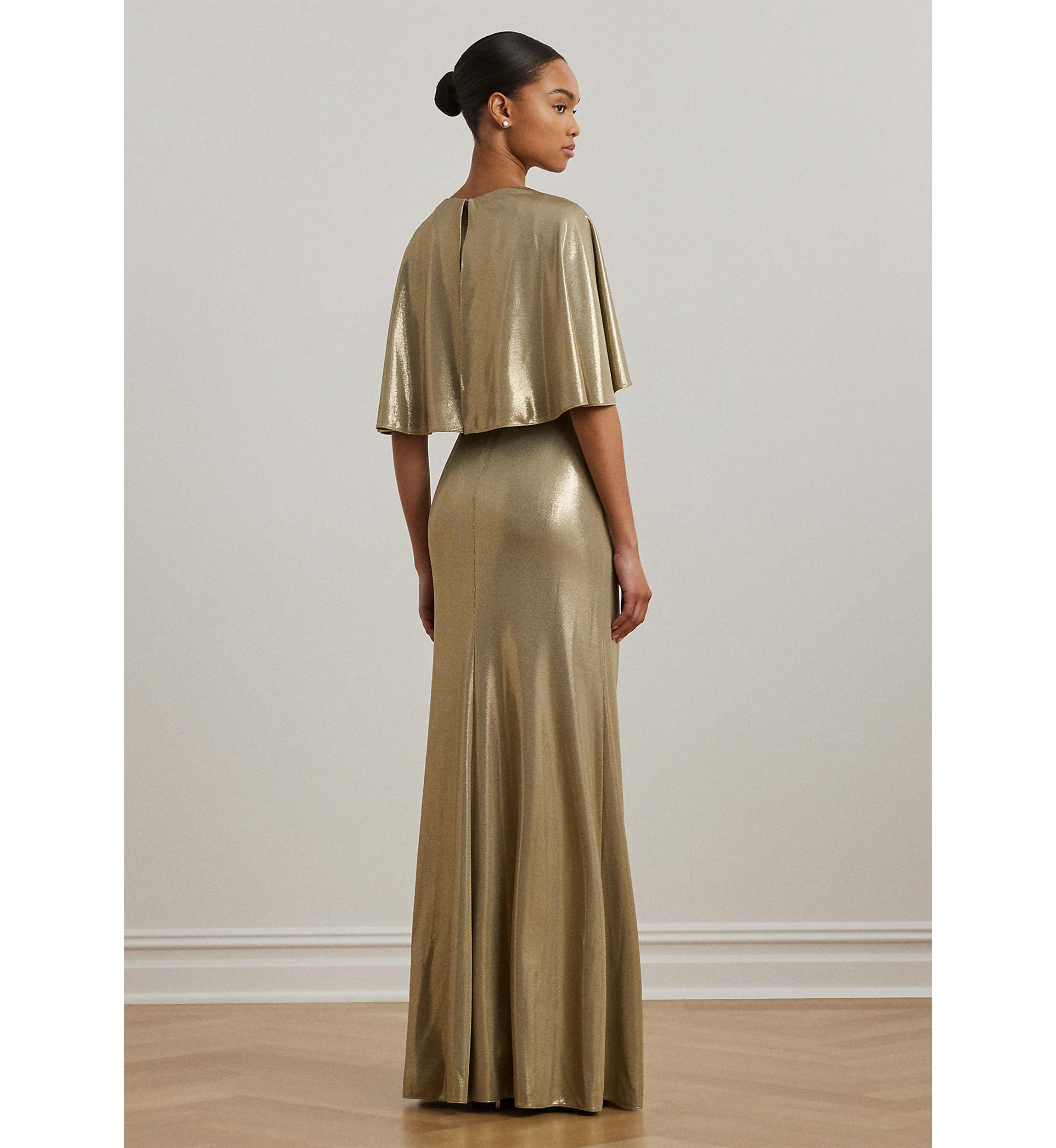 Metallic Jersey Twist Front Cape Gown