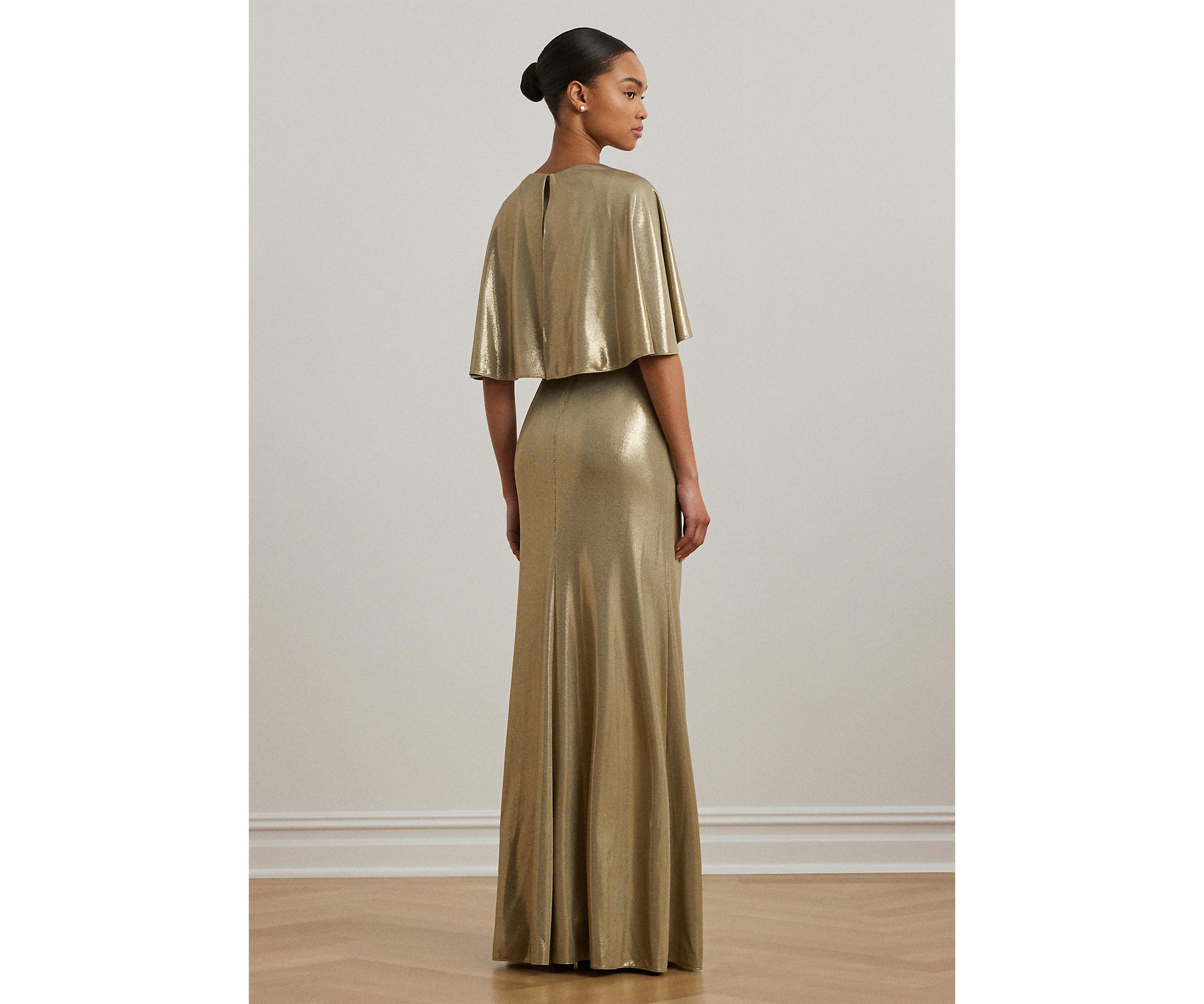 Metallic Jersey Twist Front Cape Gown