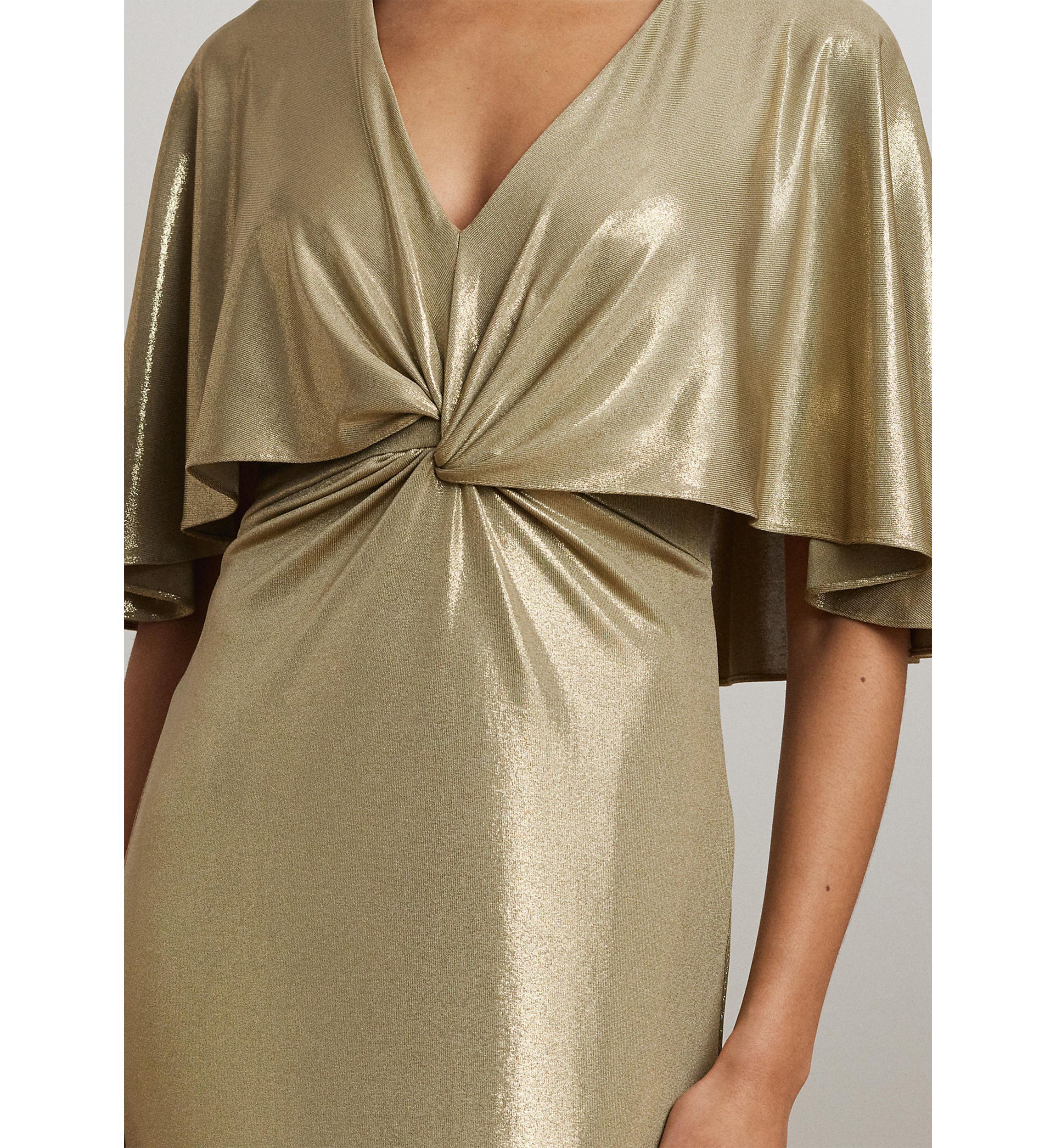 Metallic Jersey Twist Front Cape Gown