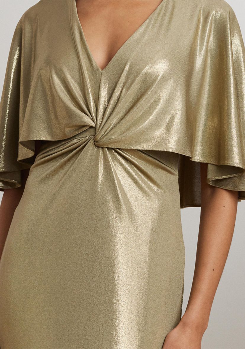 Metallic Jersey Twist Front Cape Gown