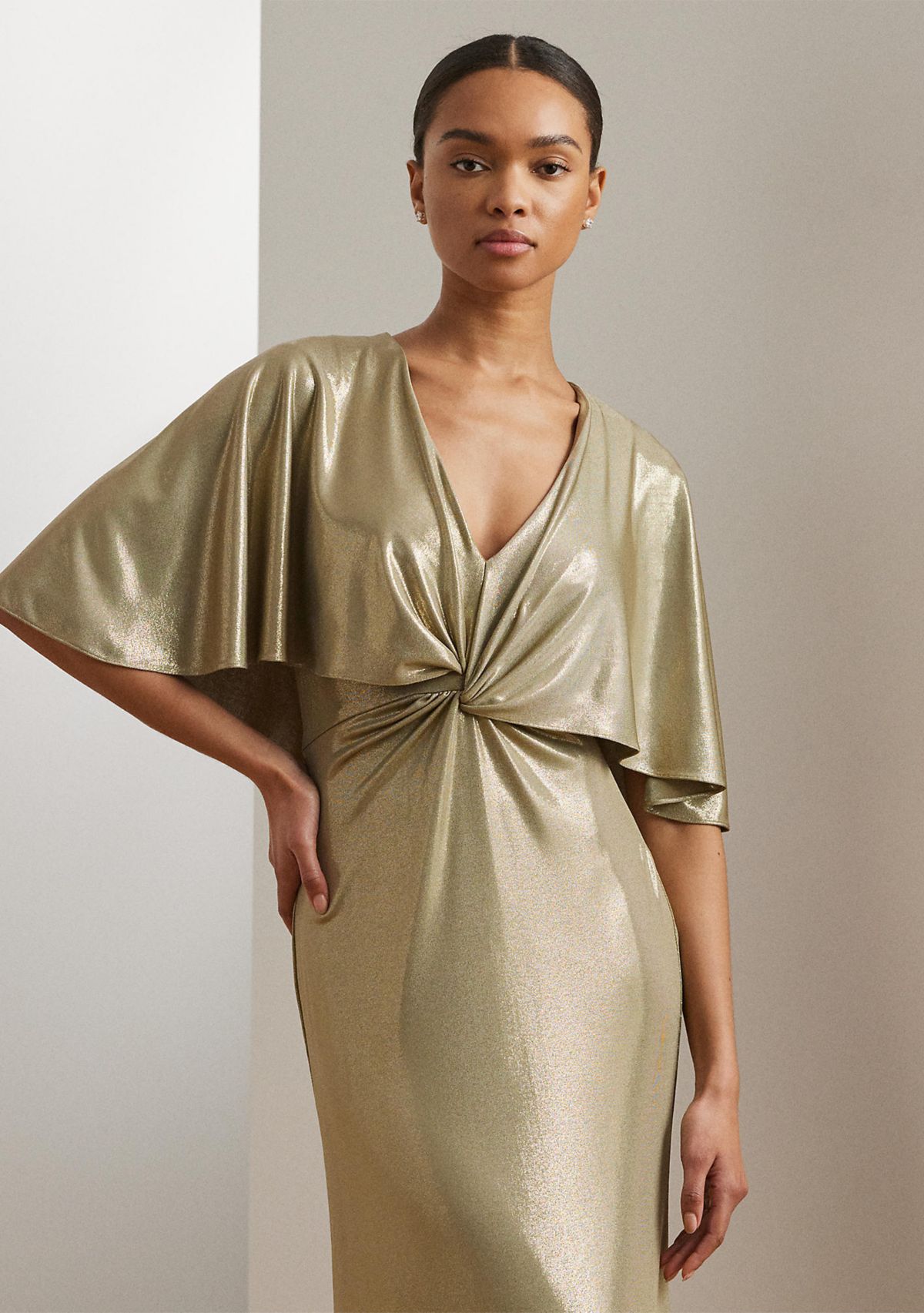 Metallic Jersey Twist Front Cape Gown