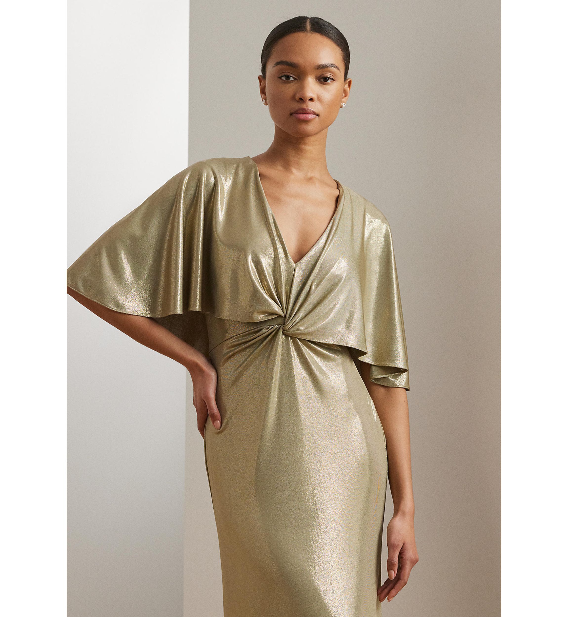 Metallic Jersey Twist Front Cape Gown