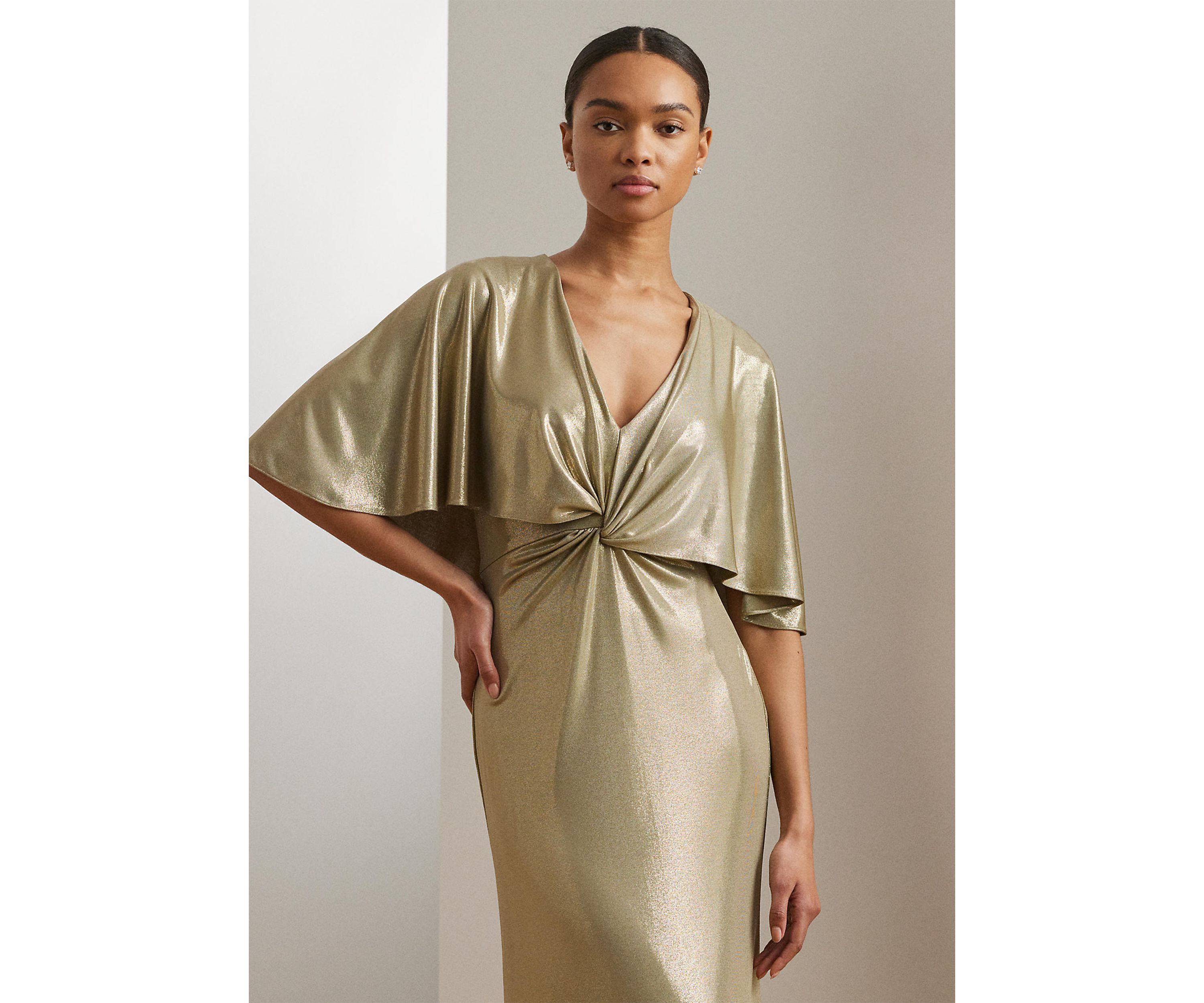 Metallic Jersey Twist Front Cape Gown
