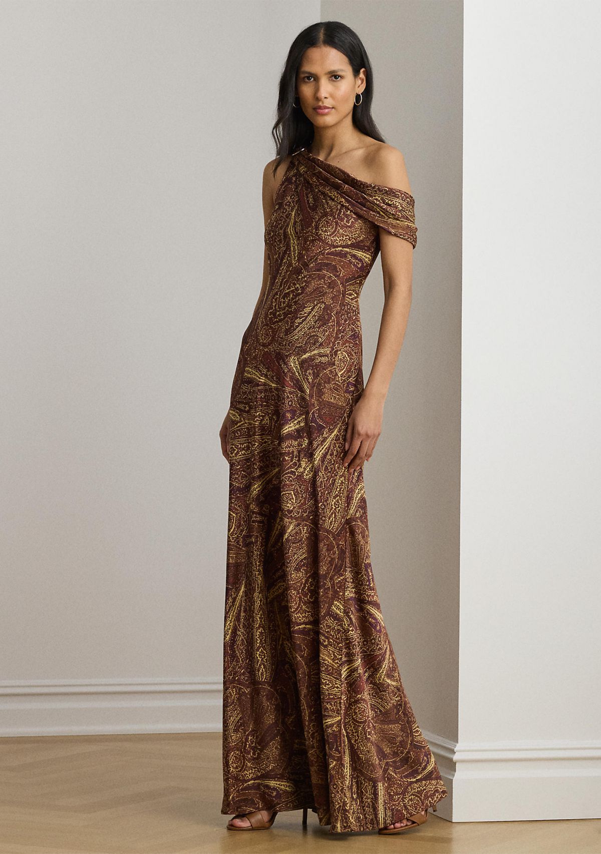 Print Buckle-Trim Off-the-Shoulder Gown