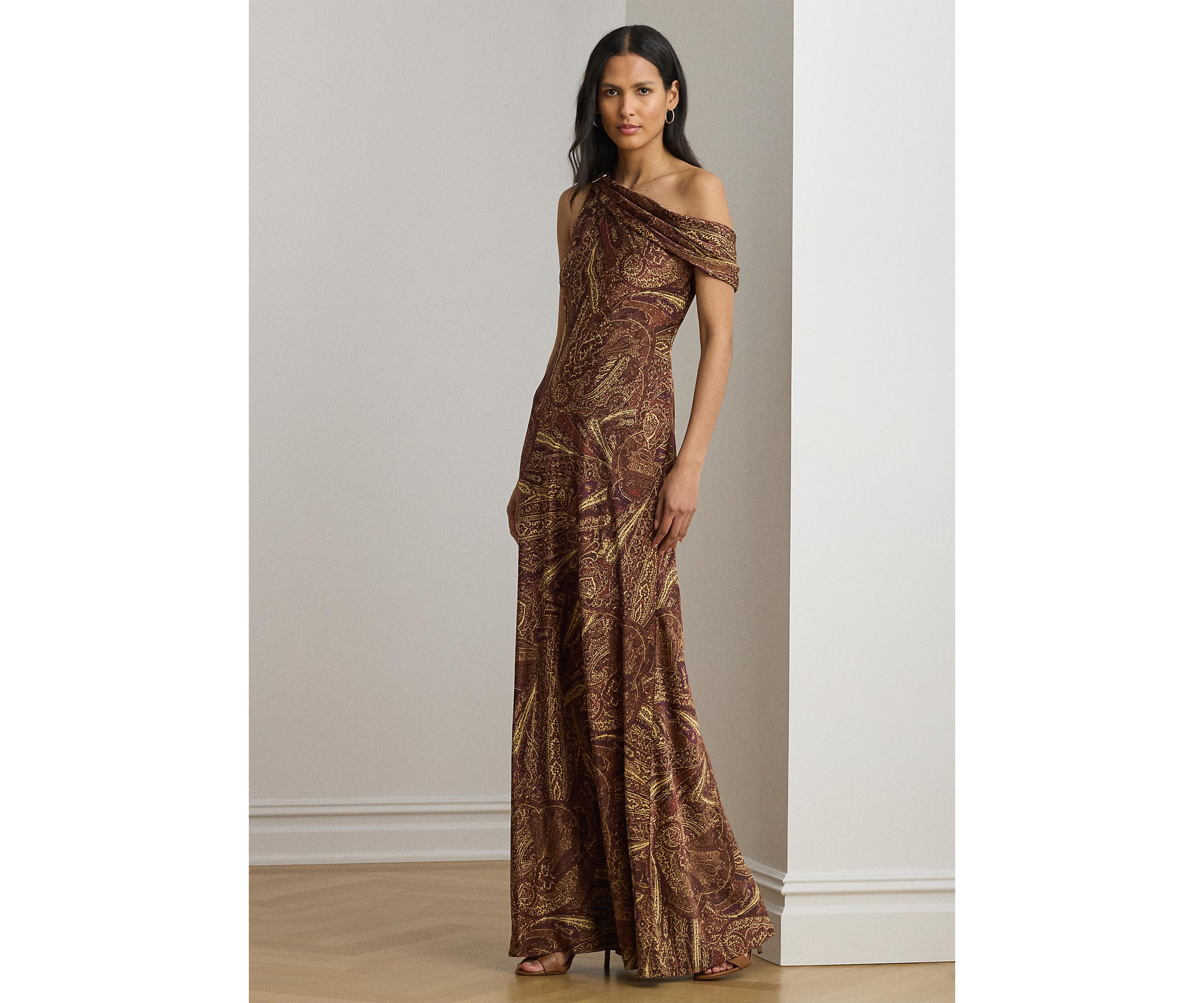 Print Buckle-Trim Off-the-Shoulder Gown