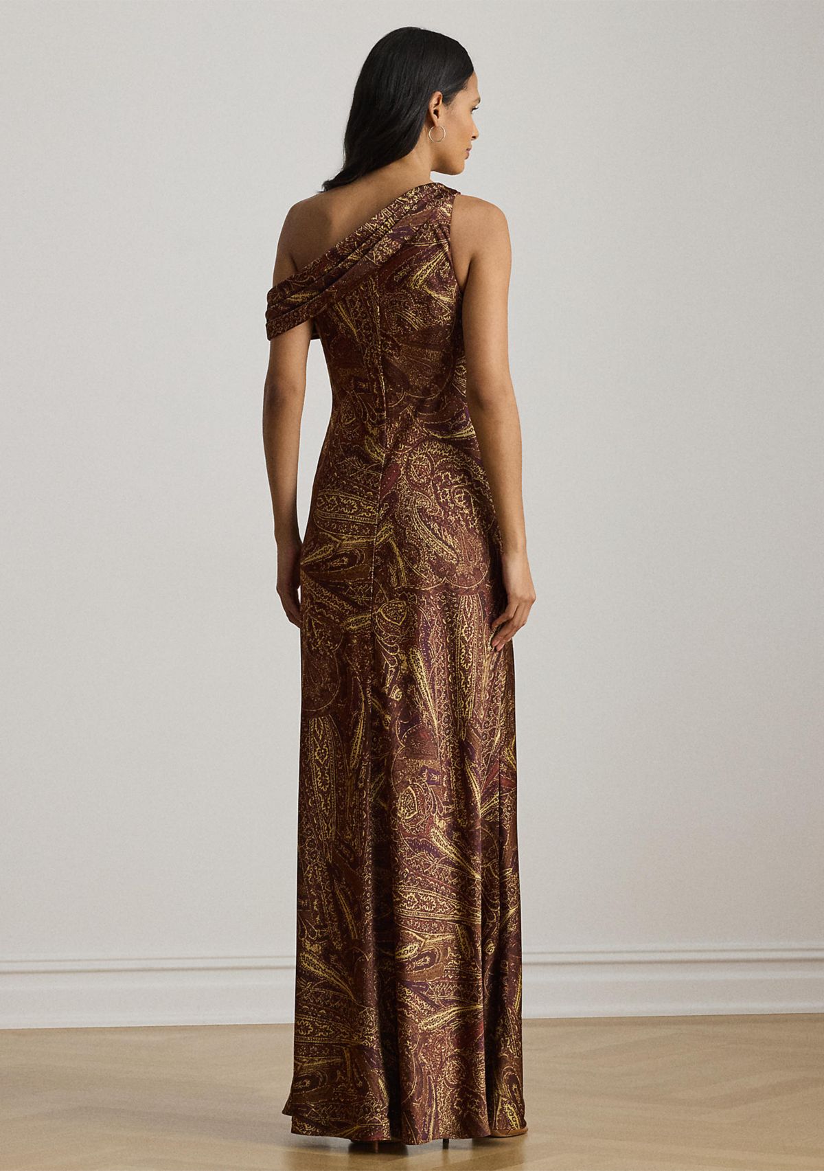 Print Buckle-Trim Off-the-Shoulder Gown