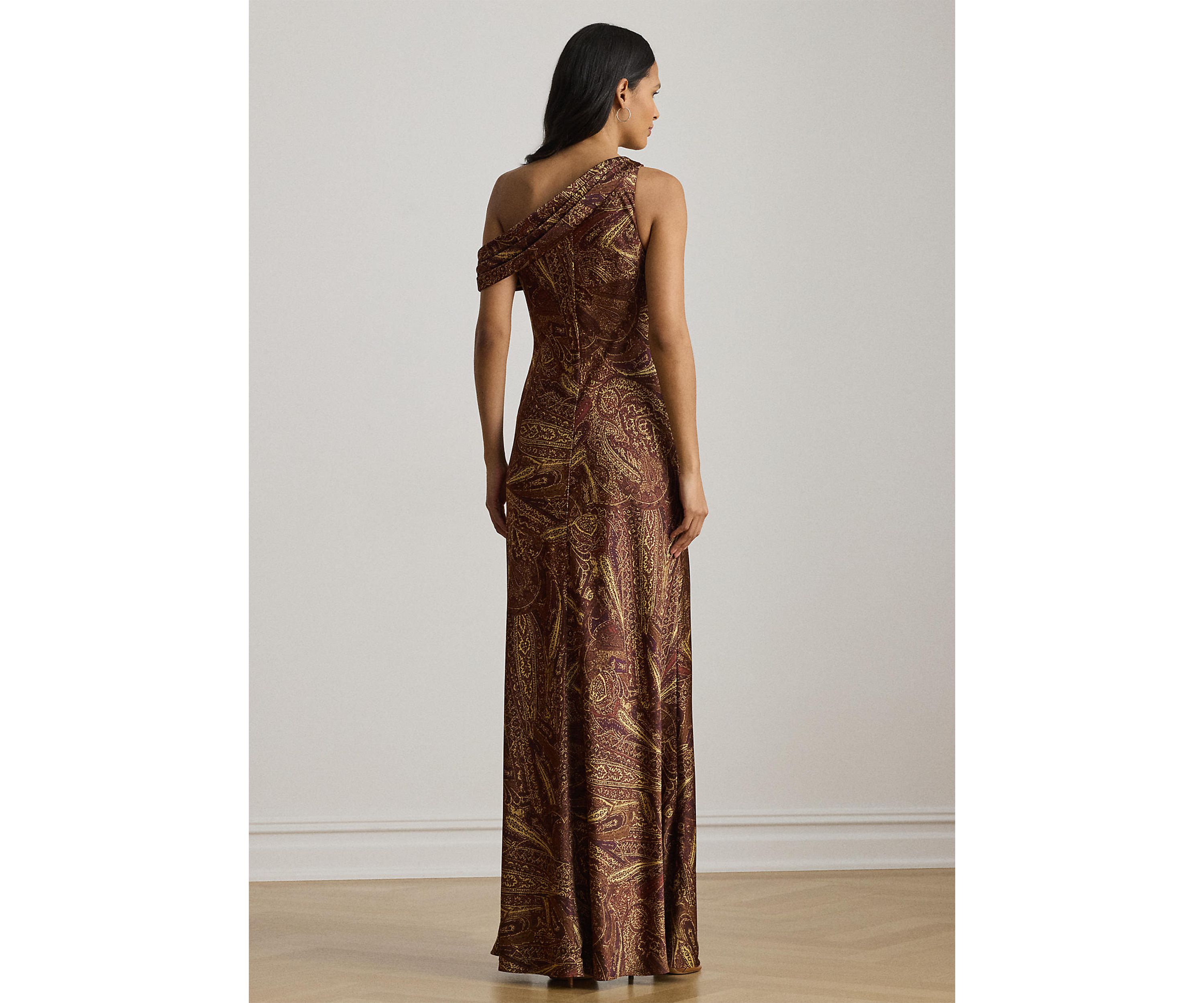 Print Buckle-Trim Off-the-Shoulder Gown