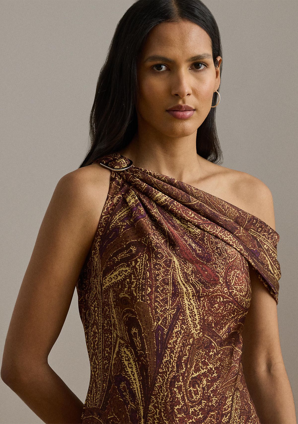 Print Buckle-Trim Off-the-Shoulder Gown