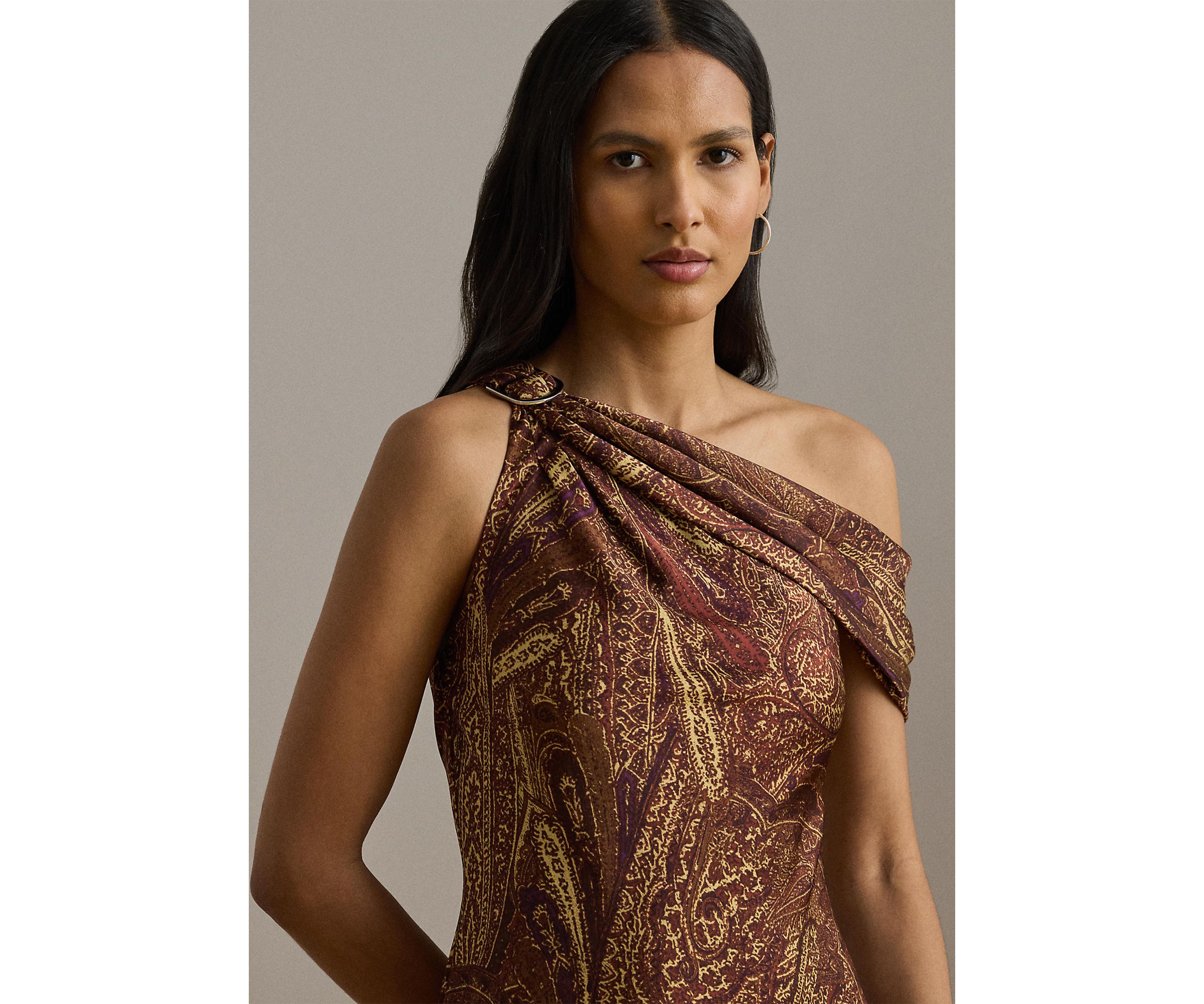 Print Buckle-Trim Off-the-Shoulder Gown