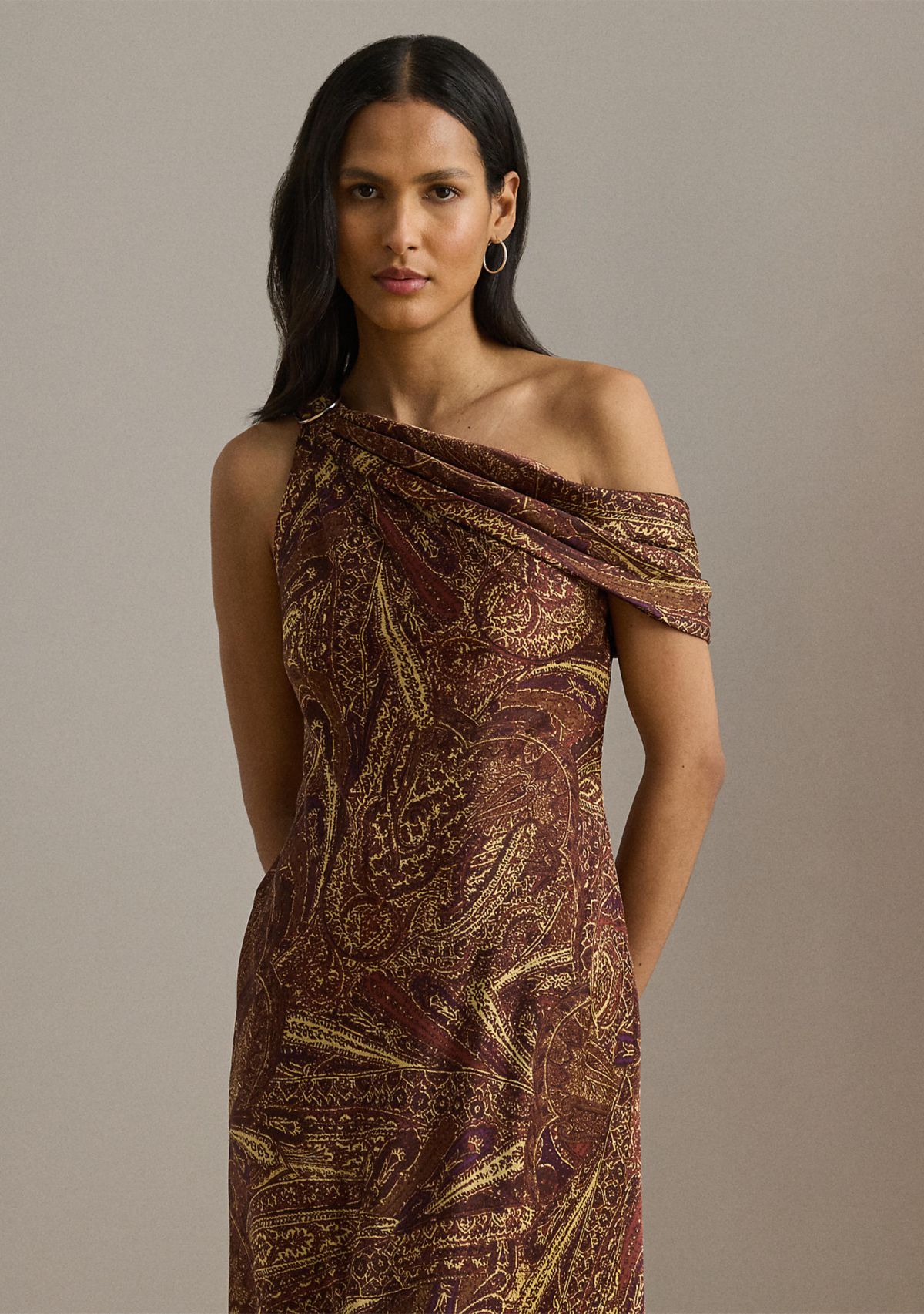 Print Buckle-Trim Off-the-Shoulder Gown