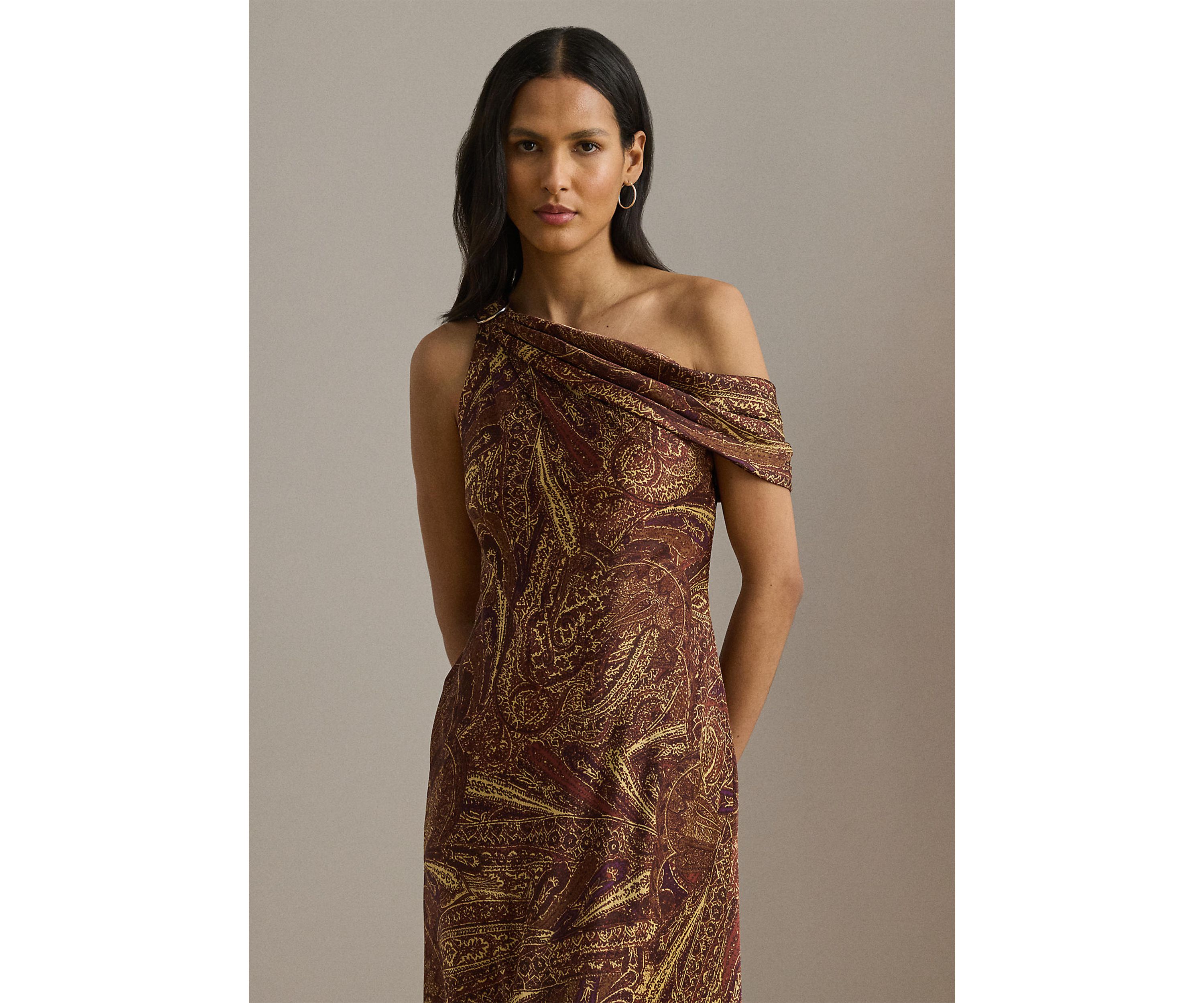 Print Buckle-Trim Off-the-Shoulder Gown