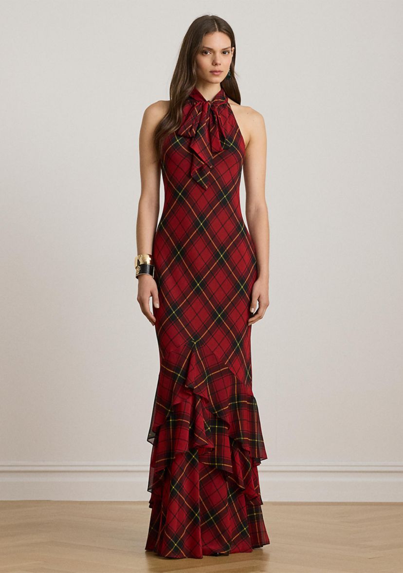 Lauren Ralph Lauren Women's Plaid Georgette Tiered Tie-Neck Gown | Belk