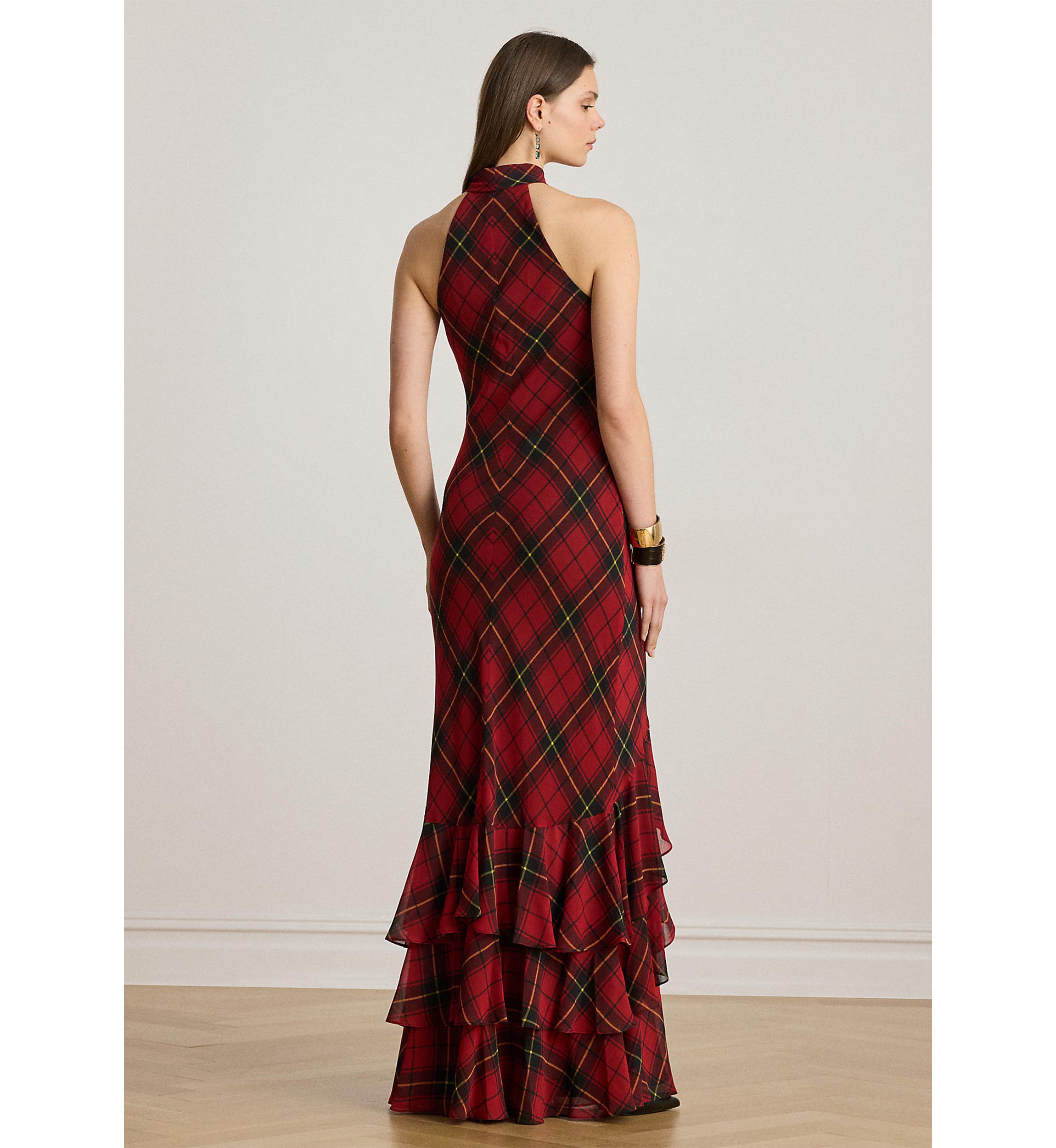 plaid crinkle georgette halter dress Lauren Ralph Lauren Women's Tiered Tie-Neck Gown gender-Girls