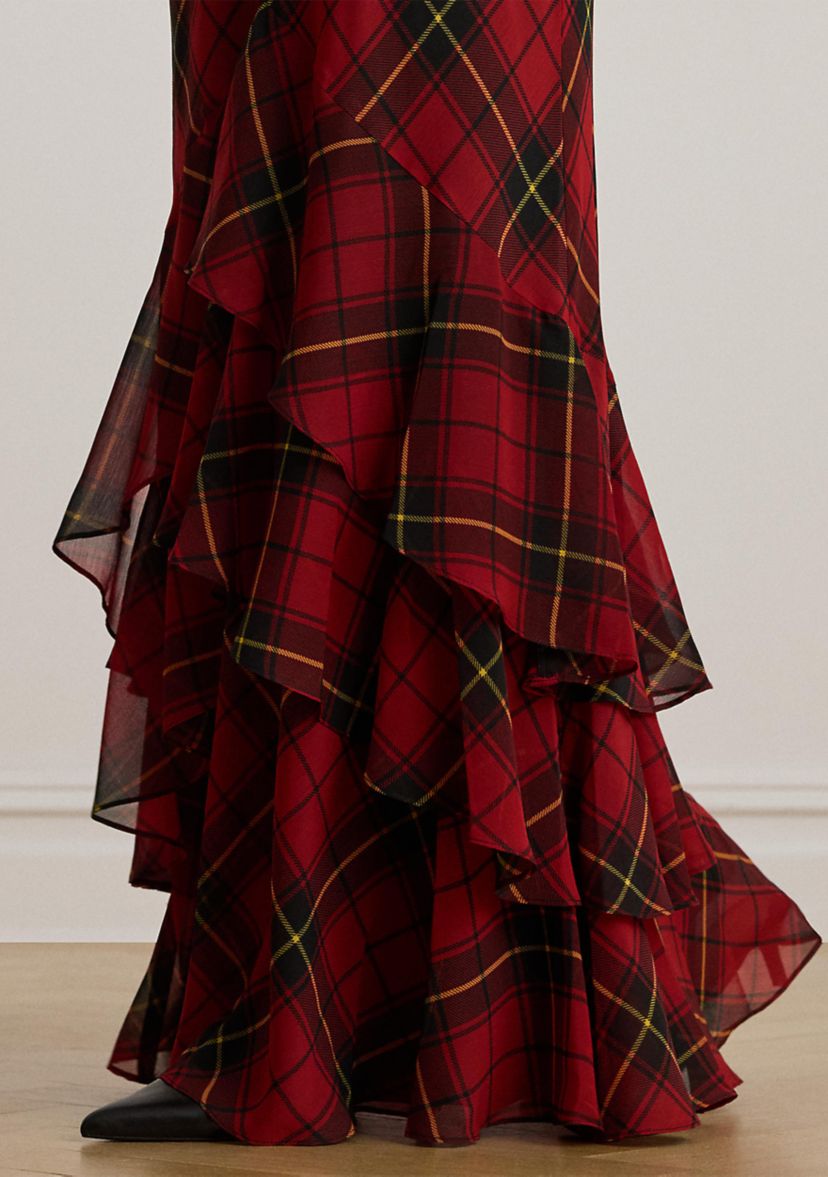 Lauren Ralph Lauren Women's Plaid Georgette Tiered Tie-Neck Gown | Belk